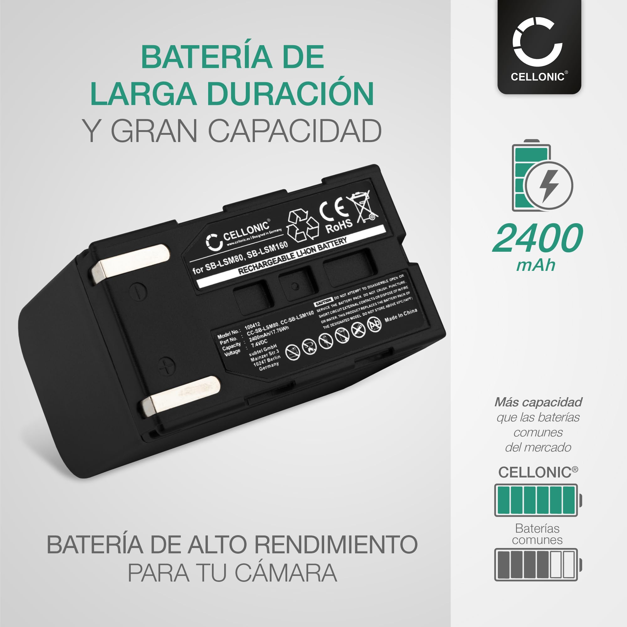 CELLONIC 1x Batería para Cámara Compatible con Samsung SC-D365, SC-D263, SC-D354, SB-LSM80 - (2400mAh, 7.4V)