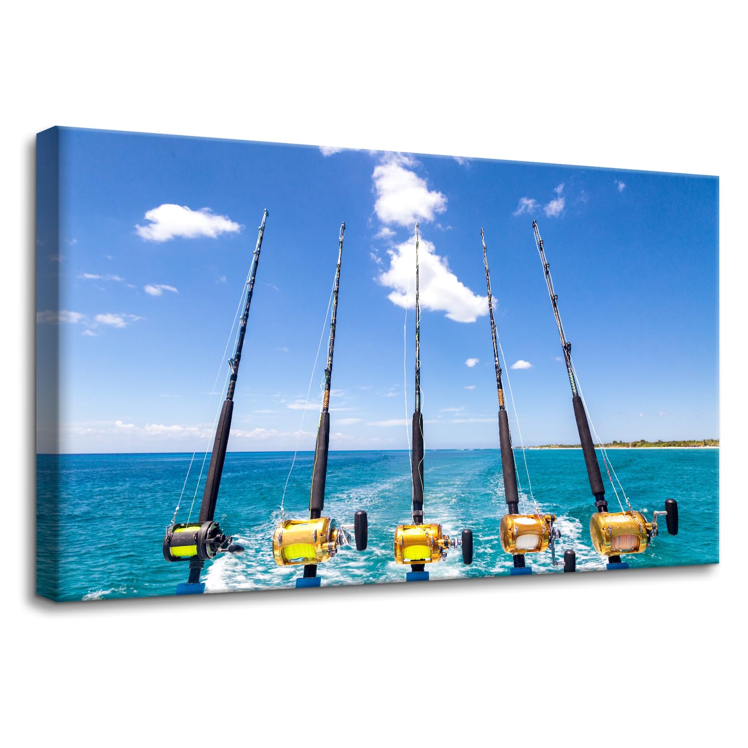 Pacimo Fishing Tackle Wall Art for Living Room Five Fishing Rod Canvas Wall Decor Blue Seascape Picture Prints Posters Painting Artwork Office Home