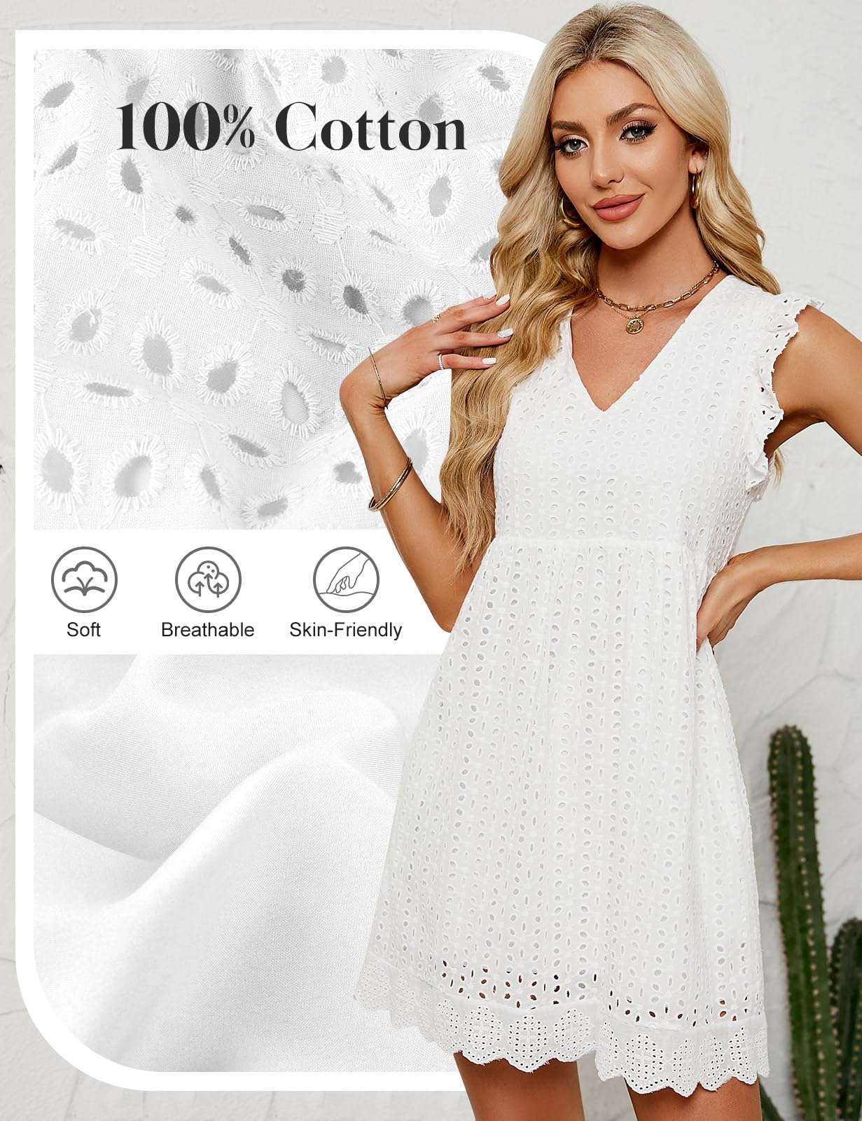 heekpek Abito Estivo Donna Scollo a V Vestito Corto Donna Cotone Senza Maniche con Volant Abiti Leggero Jacquard Abito a Canotta Casual Abito Mare da Spiaggia con Tasche