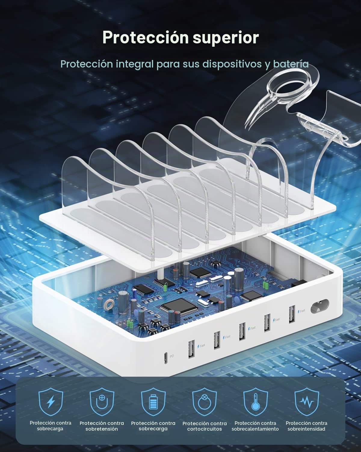 SooPii 60W Estación de Carga de 6 Puertos, PD 20W USB C Carga rápida para lPhone 14/13/12, 2 en 1 i Watch Holder, 6 Cables Cortos incluidos para teléfonos, tabletas y Otros, Blanco