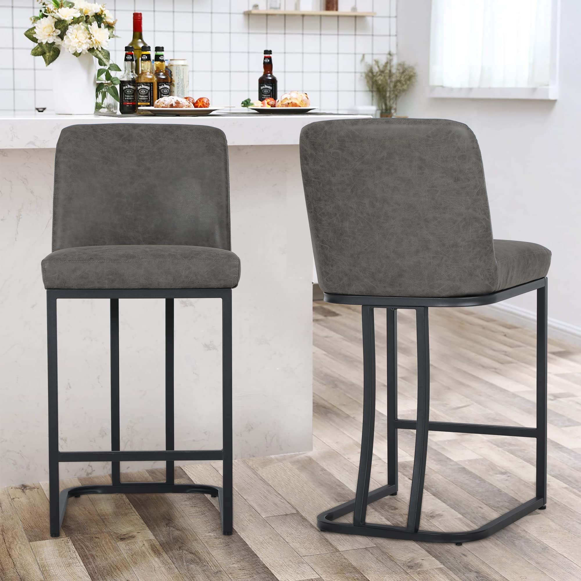 Sophia & William Counter Height Bar Stools Set of 2 with Back for Kitchen Island, Modern Faux Leather 24" Bar Stools,Upholstered Farmhouse Counter Stools,300lbs,Grey