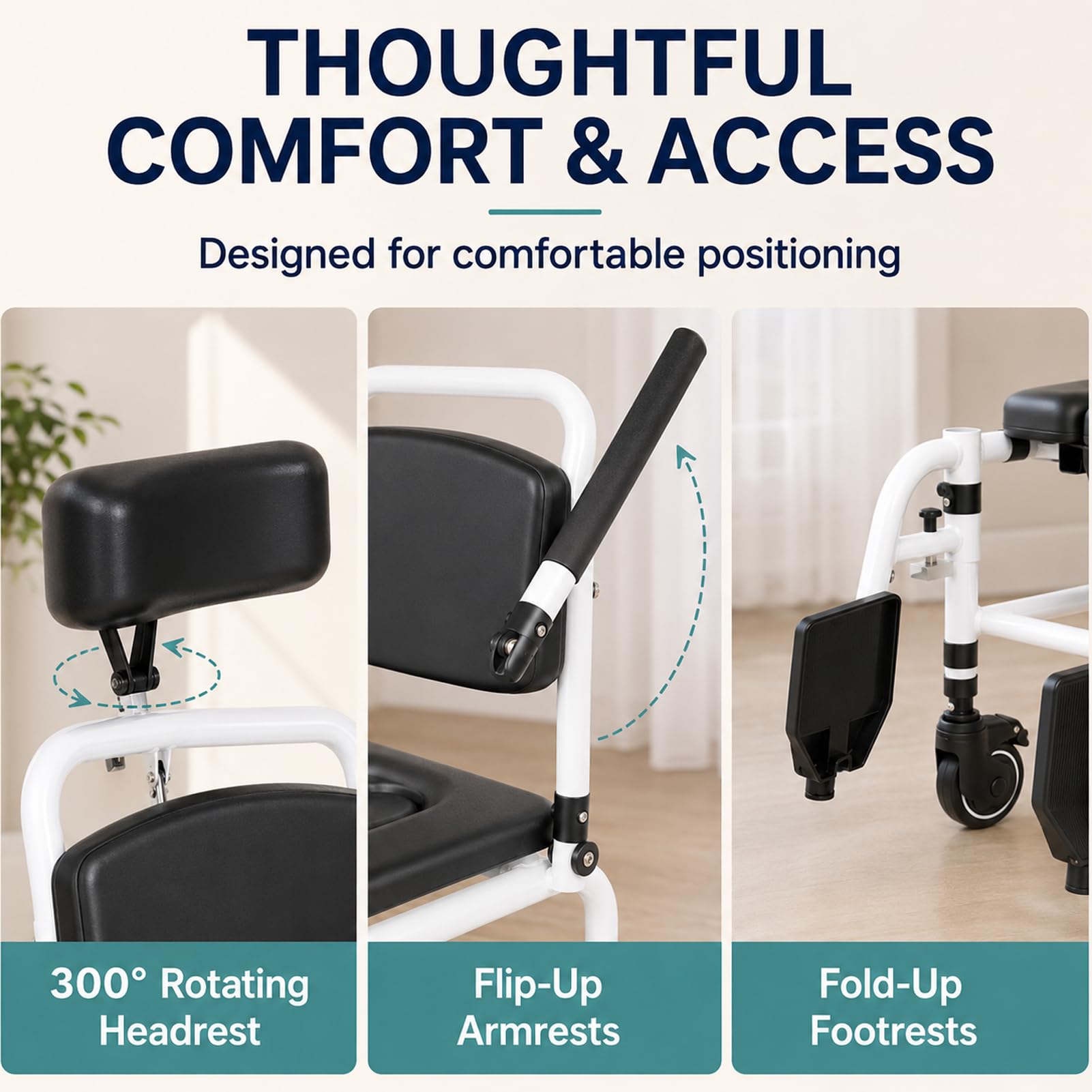 Silla De Baño con Ruedas, Silla Inodoro 4 En 1 Reclinable para Ancianos