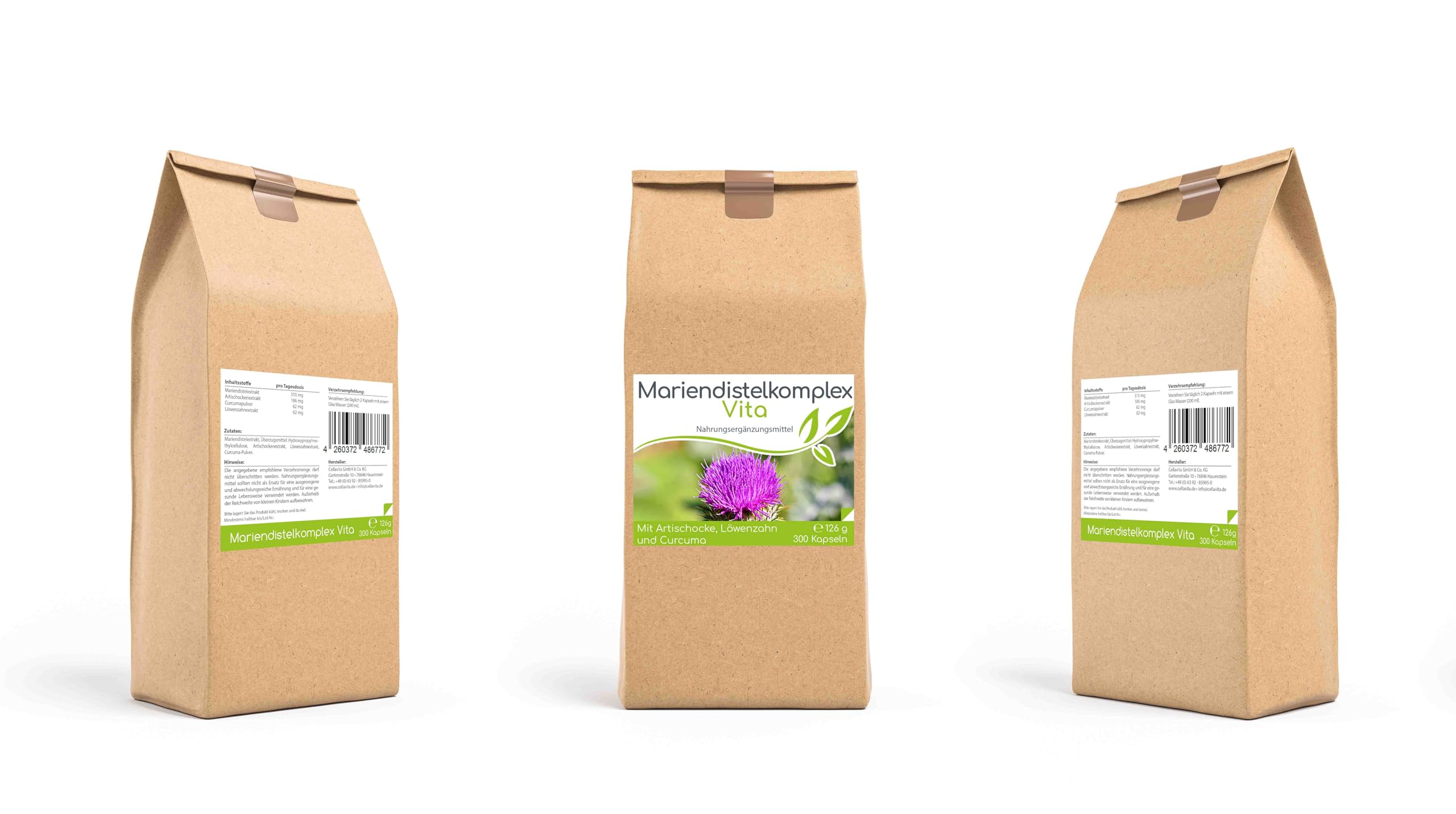 Cellavita Mariendistel Komplex Vita (Mariendistelextrakt) Extrakt mit Mariendistel, Artischocke, Löwenzahn und Curcuma | natürlich & vegan | (300 Kapseln)