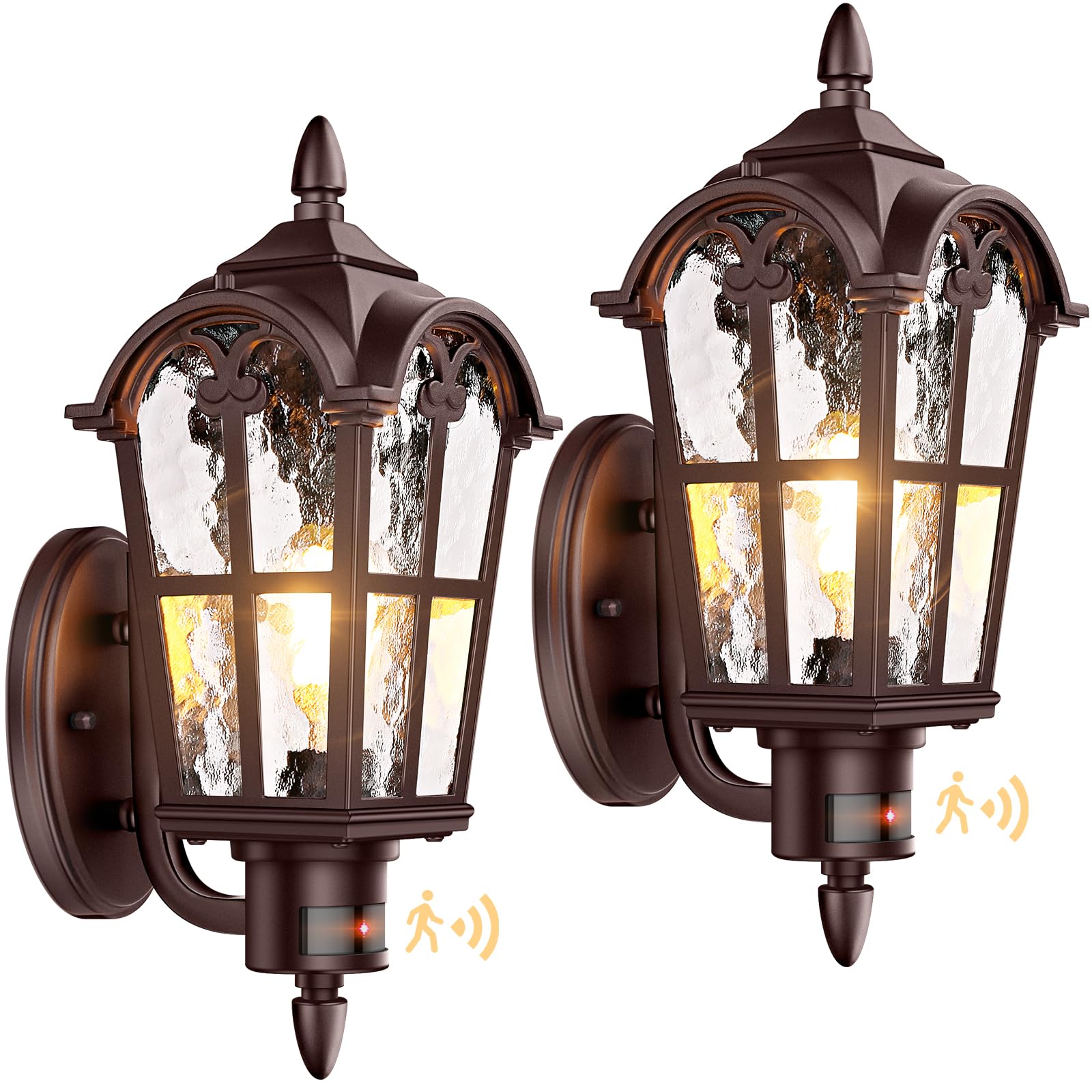 Photo 1 of 16in 2-Pack Large Motion Sensor Outdoor Wall Lights, Dusk to Dawn Porch Lights Wall Mount, Vintage Exterior Light Fixtures Sconces Lighting, Brown Wall Lanterns Outside Lights for House Front Door
