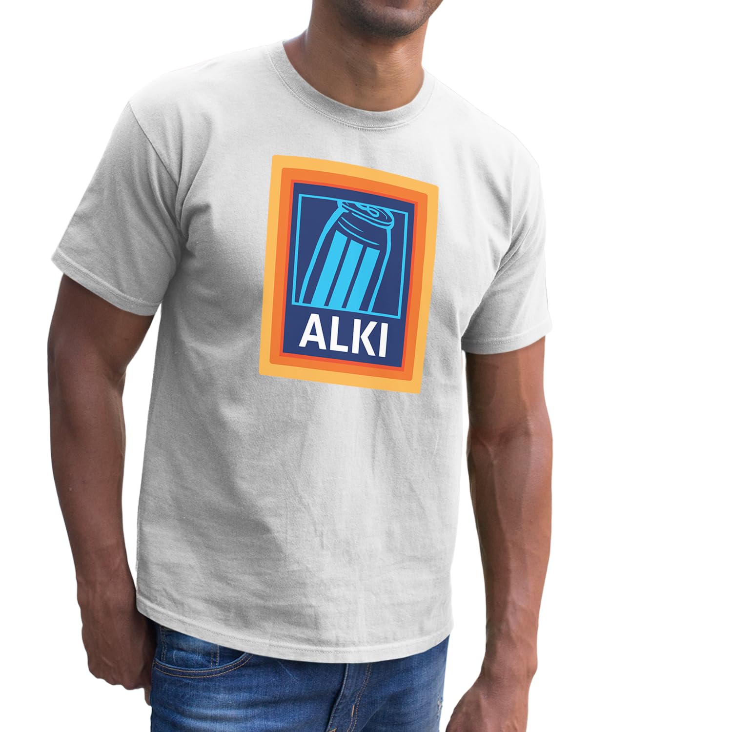 Alki T-Shirt Top Tee - Novelty Funny Joke Fun Alcohol Beer Larger Supermarket White Navy Present Gift