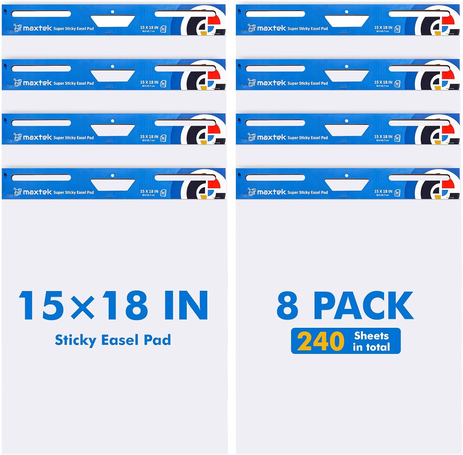 maxtek chart paper 15"x18", large sticky easel pad with 8 packs, 240 sheets, upgraded big anchor flip chart paper with super sticky back, self-stick paper for walls & easels 15x18 in 8 pack