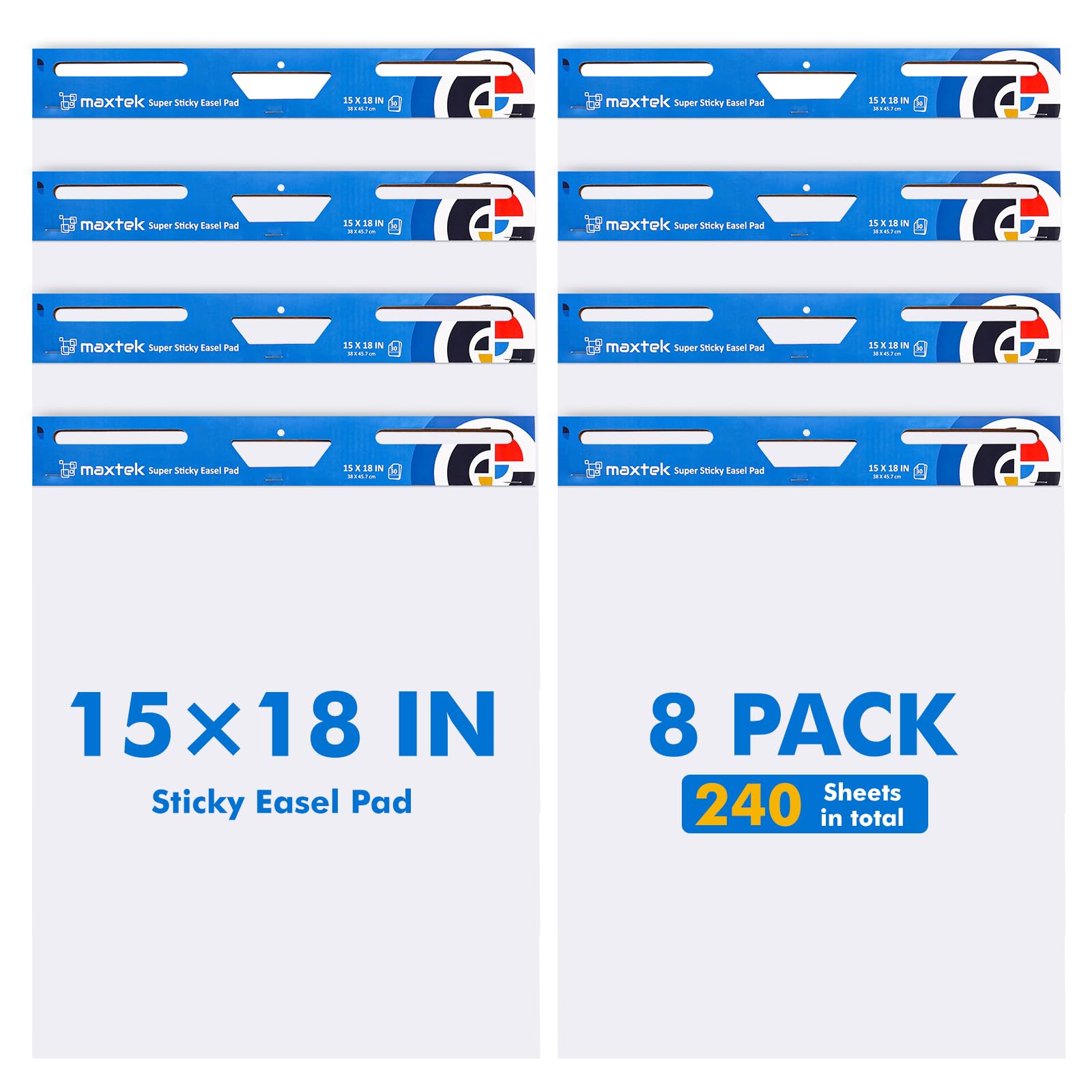 maxtek Chart Paper 15"x18", Large Sticky Easel Pad with 8 Packs, 240 Sheets, Upgraded Big Anchor Flip Chart Paper with Super Sticky Back, Self-Stick