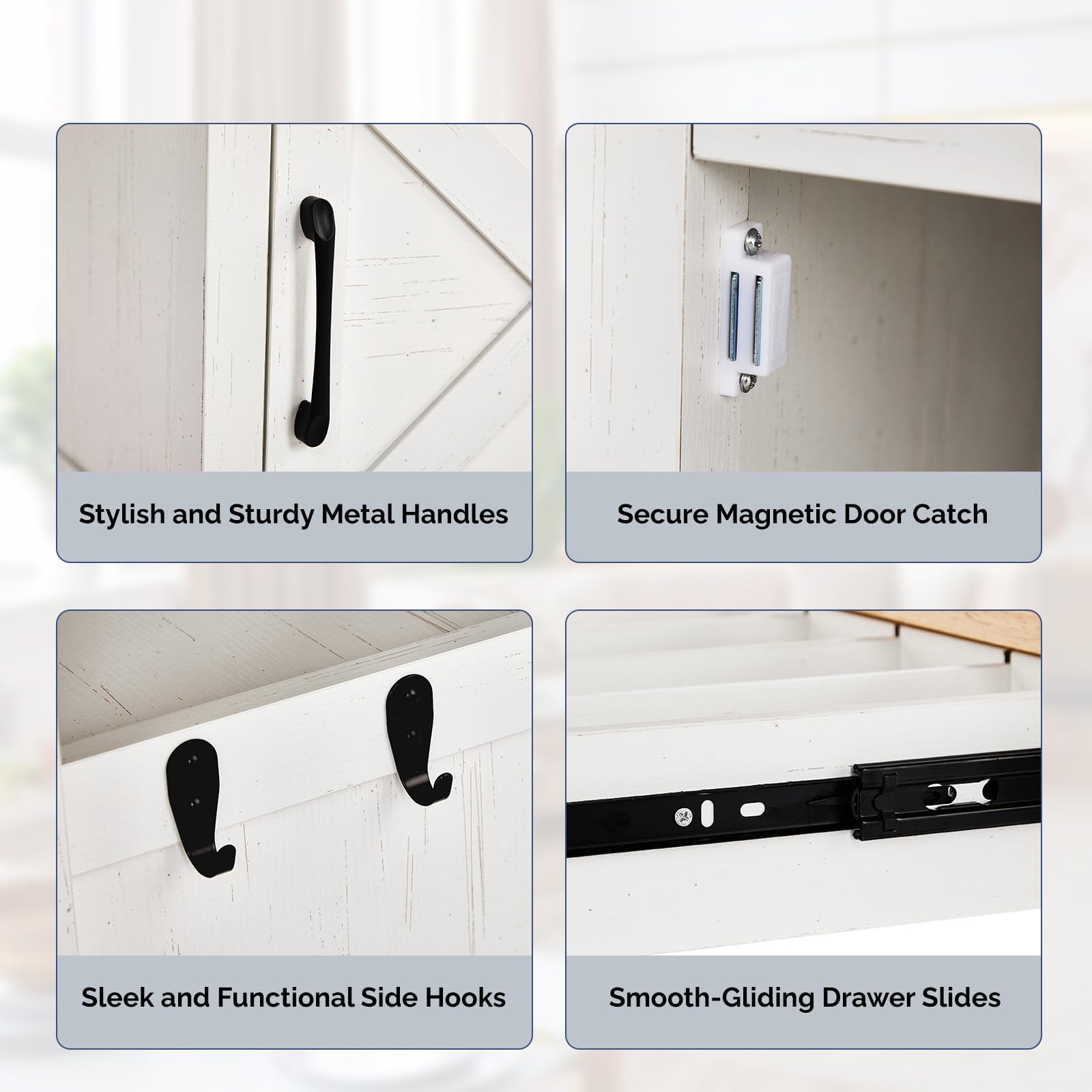 Bonnlo Carrello Cucina Mobile, Carrello Portaoggetti con Ruote, Cassetto e Armadietto, Piano di Lavoro in Legno, Bianco, Carrello Servizio per Sala da Pranzo, 74 x 63 x 89 cm