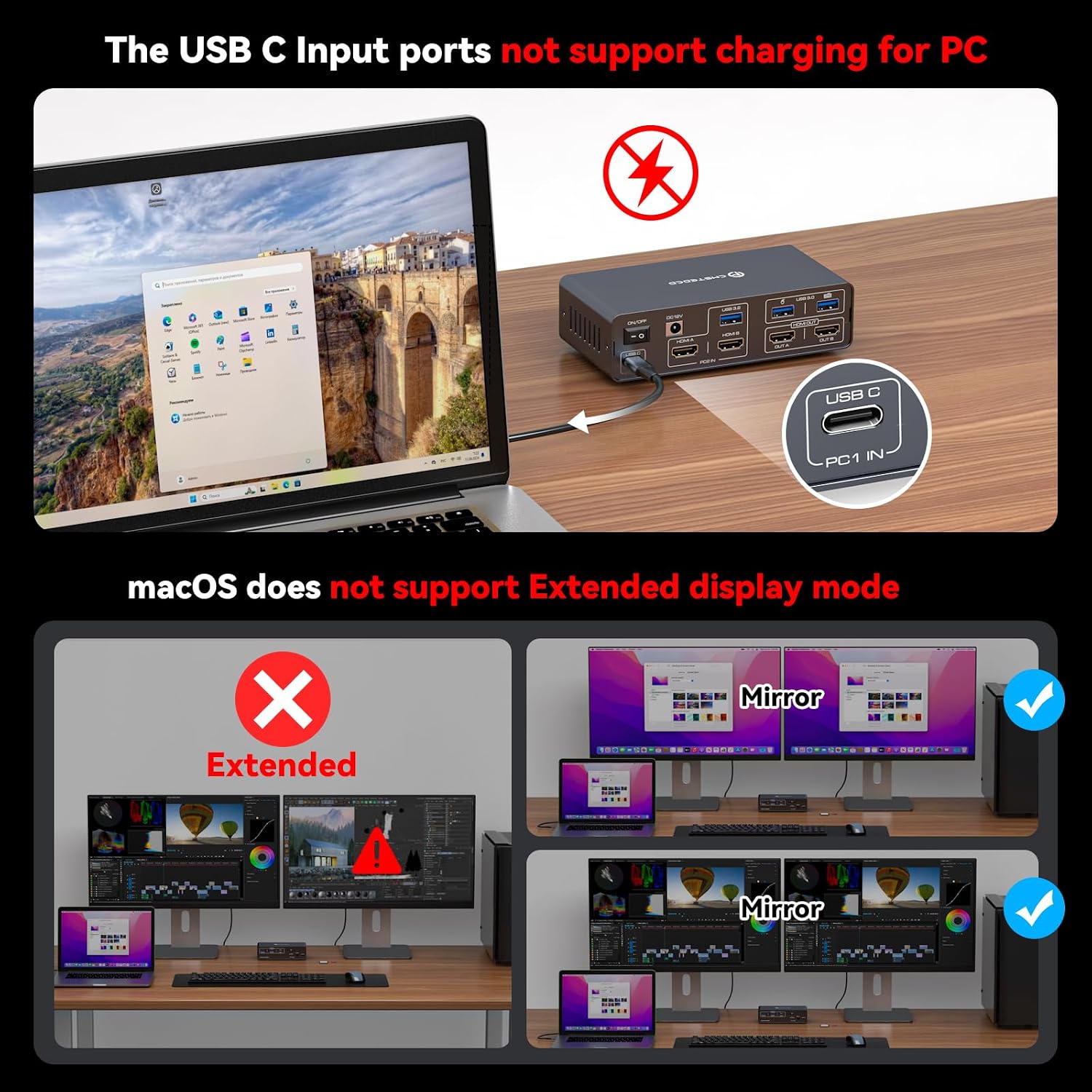 USB C KVM Switch 2 Monitors 2 Computers HDMI 4K60Hz EDID KVM Docking Station for 1 Laptop 1 Desktop Share Dual Monitor 13 in 1 Dock