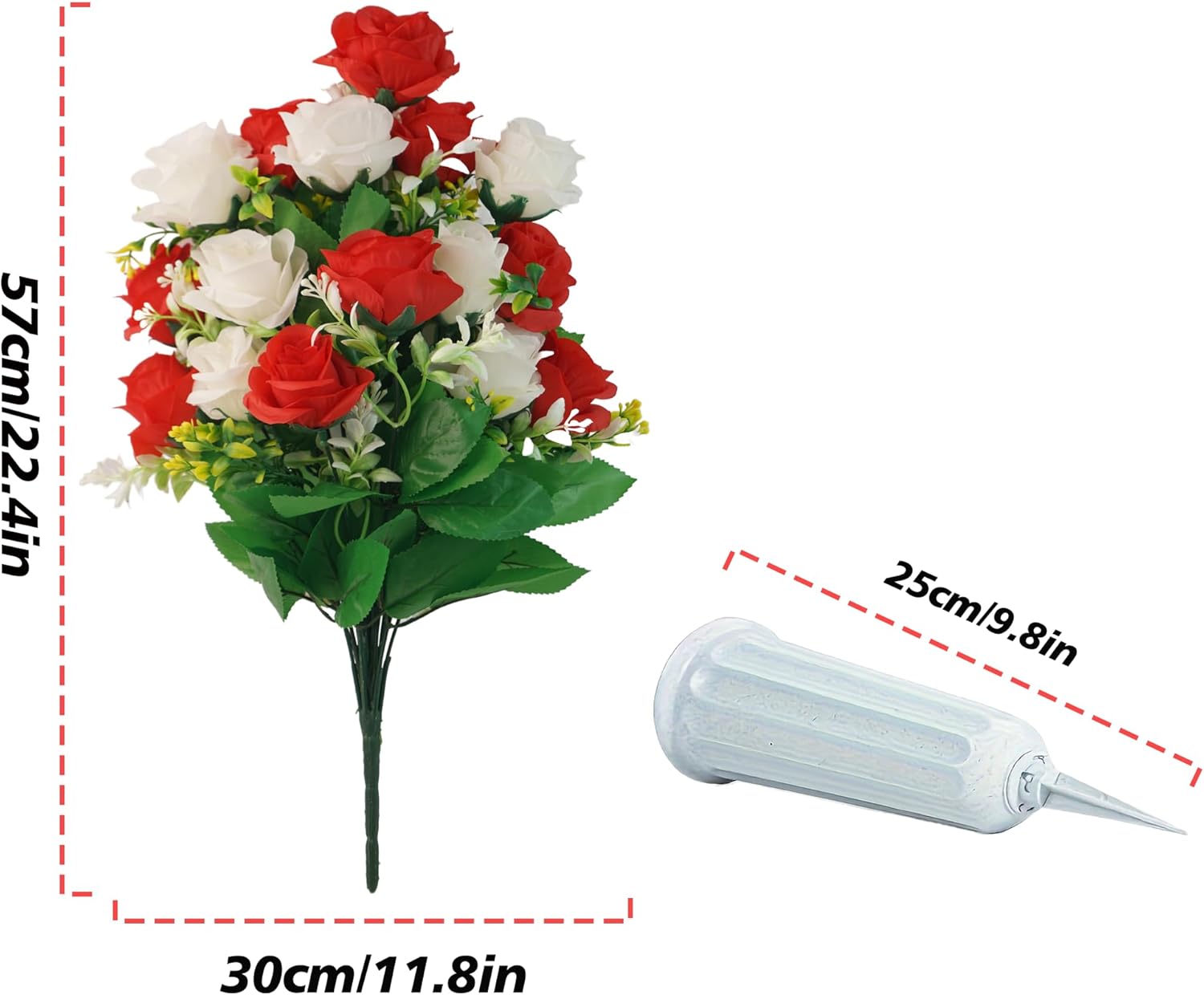 Artificial Cemetery Flower with Vase for Headstone,2 Set Graveyard Memorial Flowers,Grave Decoration Flower Bouquets,Cemetery Headstones Decoration,Outdoor Grave Flowers Decor (Red-White)