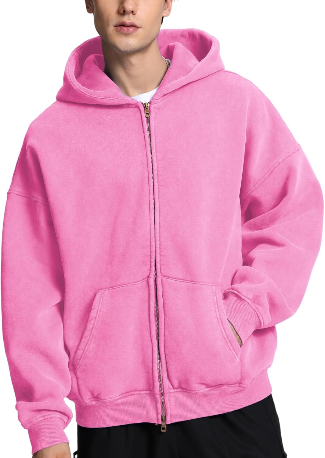 FAIABLE Mens Womens Double Zip Up Hoodie Oversized Acid Wash Heavyweight Fleece Cotton Zipper Hoodie Vintage