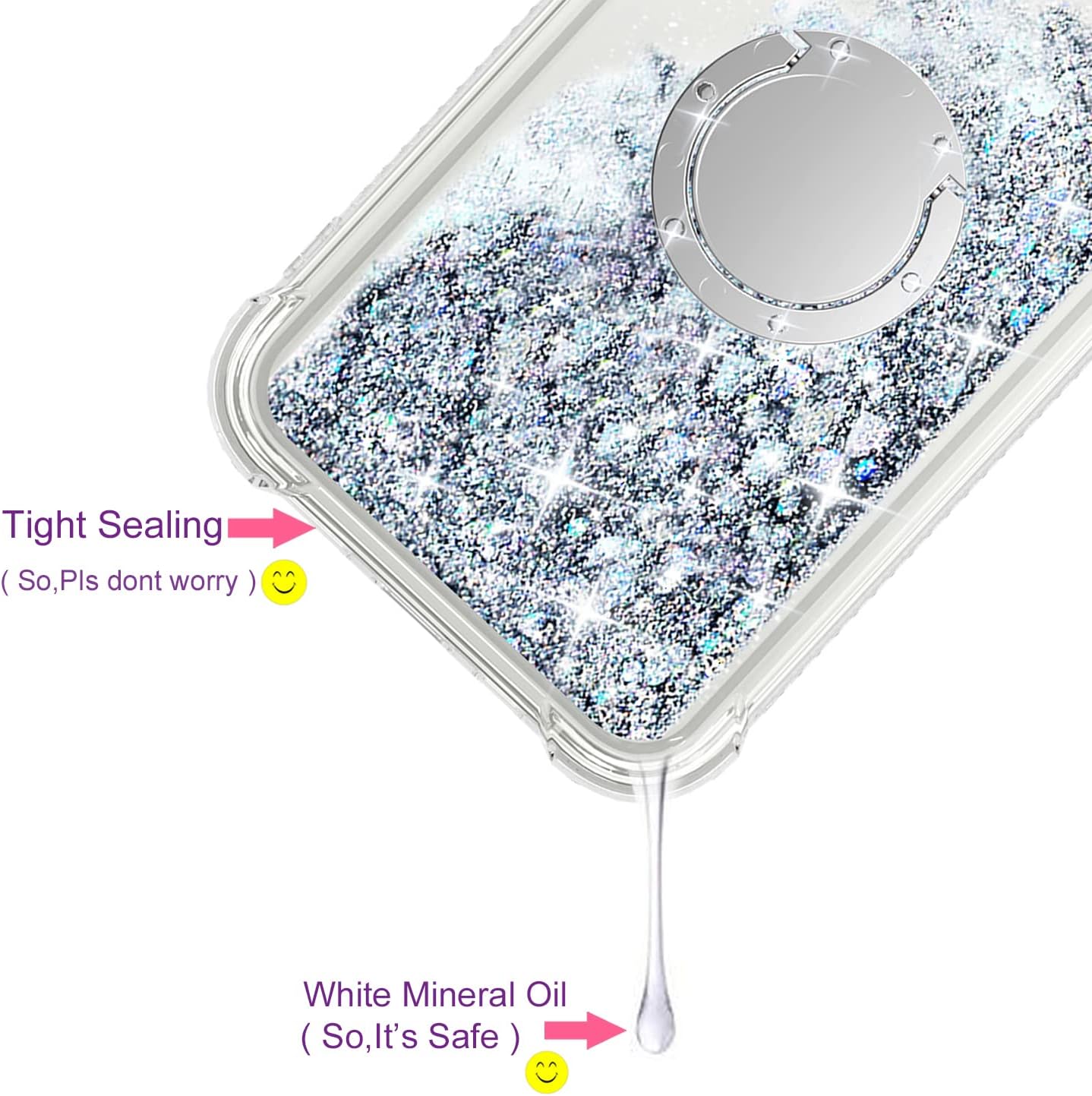 for iPhone 15 Pro Max Case,Bling Moving Liquid Floating Sparkle Colorful Glitter Waterfall TPU Protective Case with Rotation Ring Kickstand 6.7 inch, Silver - Image 3