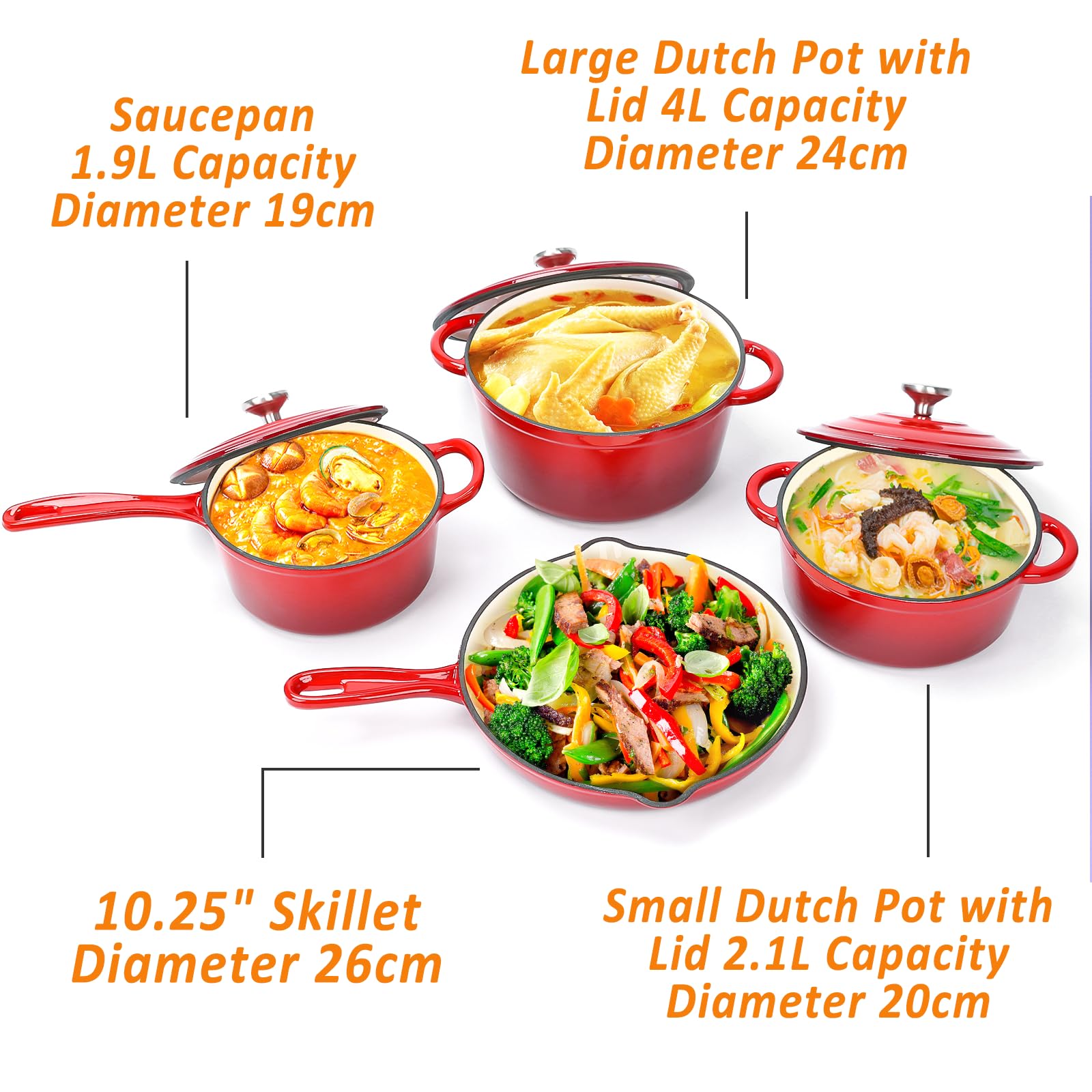 Denmay Emailliertes Kochgeschirr Set aus Gusseisen - 7-teiliges Set Holländischer Öfen Brotbacken, Topf, Pfanne, 3 Deckel, Backen Holländisches Ofen-Set, Gas/Backofen/induktionskompatibel Rot
