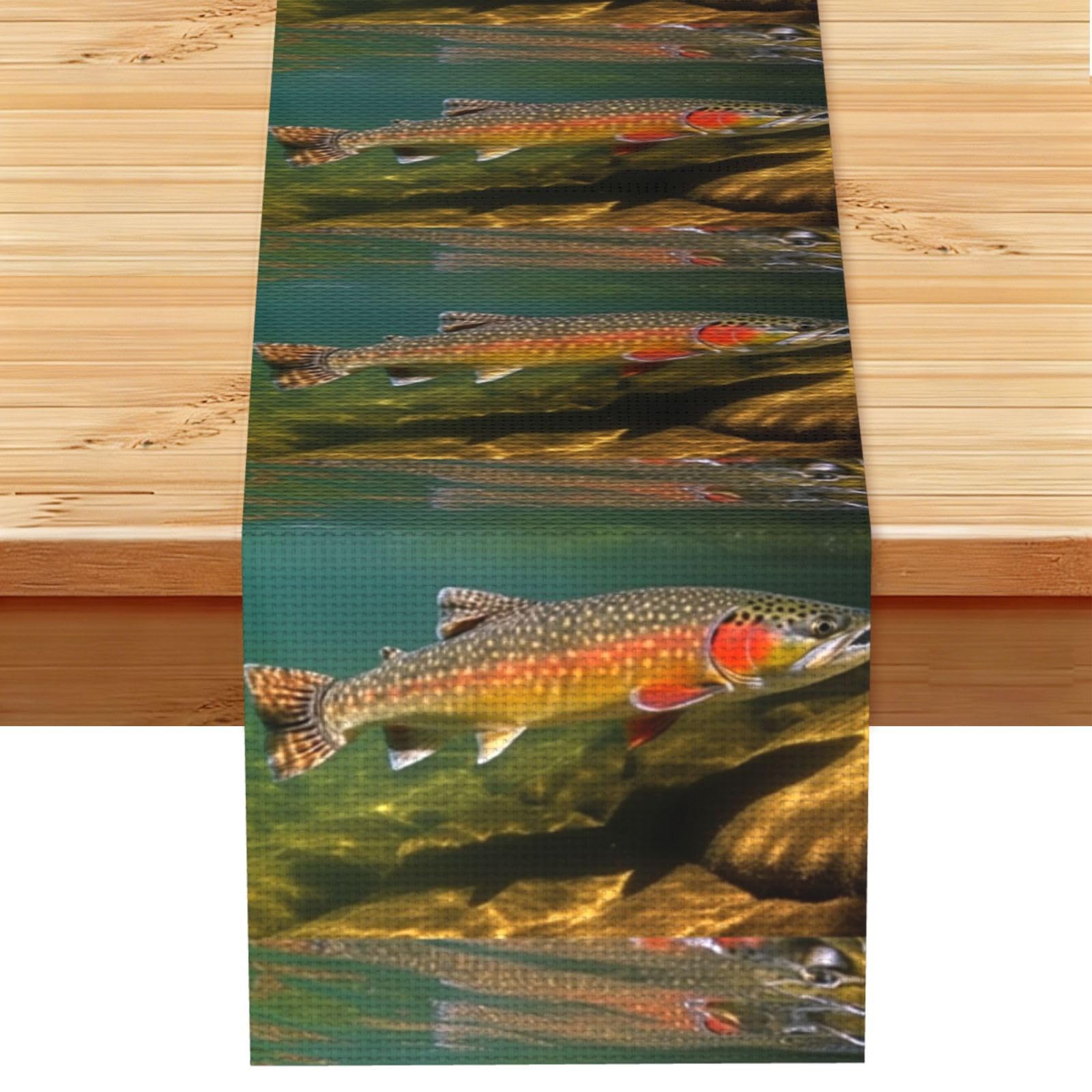 Brook Trout Fly Fishing Table Runner 13 x 72 Inches Long, Cotton Linen Table Runners for Kitchen Dining Table Decoration - Washable Tablecloth Modern Tablerunner for Home Party Decor