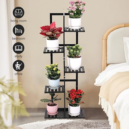 Miniatura 5 de Soporte de bambú para plantas de 5 niveles y 6 macetas para interiores y exteriores, soporte múltiple para estantes para patio, jardín, sala de
