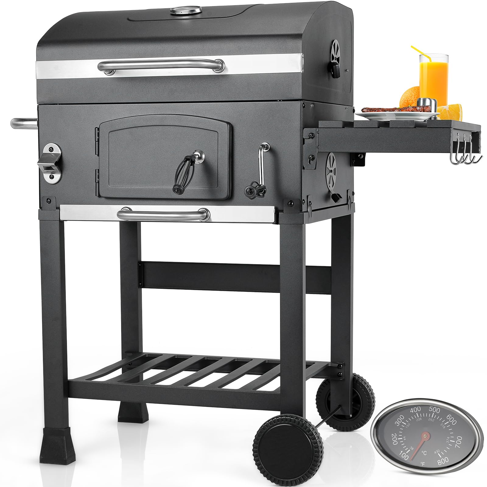 LIFERUN Barbecue Charbon de Bois XL  Grand Barbecue a Charbon avec Couvercle  BBQ Smoker avec Thermomètre et 2PCS Roues  Gril Réglable en Hauteur  Grill au Charbon de Bois pour Camping et Jardin