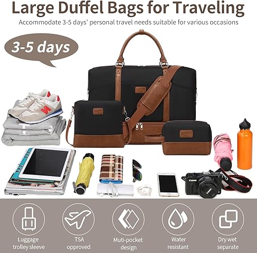 Miniatura 3 de Bolsa de fin de semana, bolsa de viaje grande para mujer, bolsa de mano con compartimento para zapatos y bolsas de aseo, A-negro (poliéster)