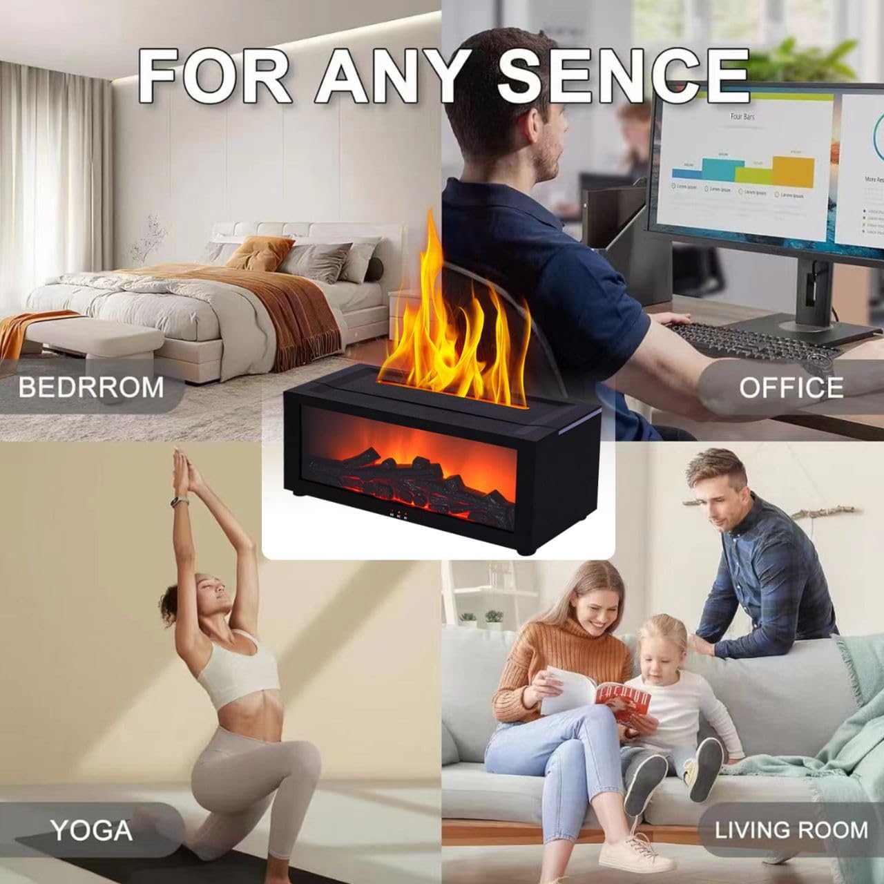 Fireplace Diffusers for Essential Oils Fireplace Humidifier with Remote 150ml Fireside Ultrasonic Humidifier Bonfire Flame Diffuser with 7 Colors Light for Home Room Office (Black+Essential Oils)