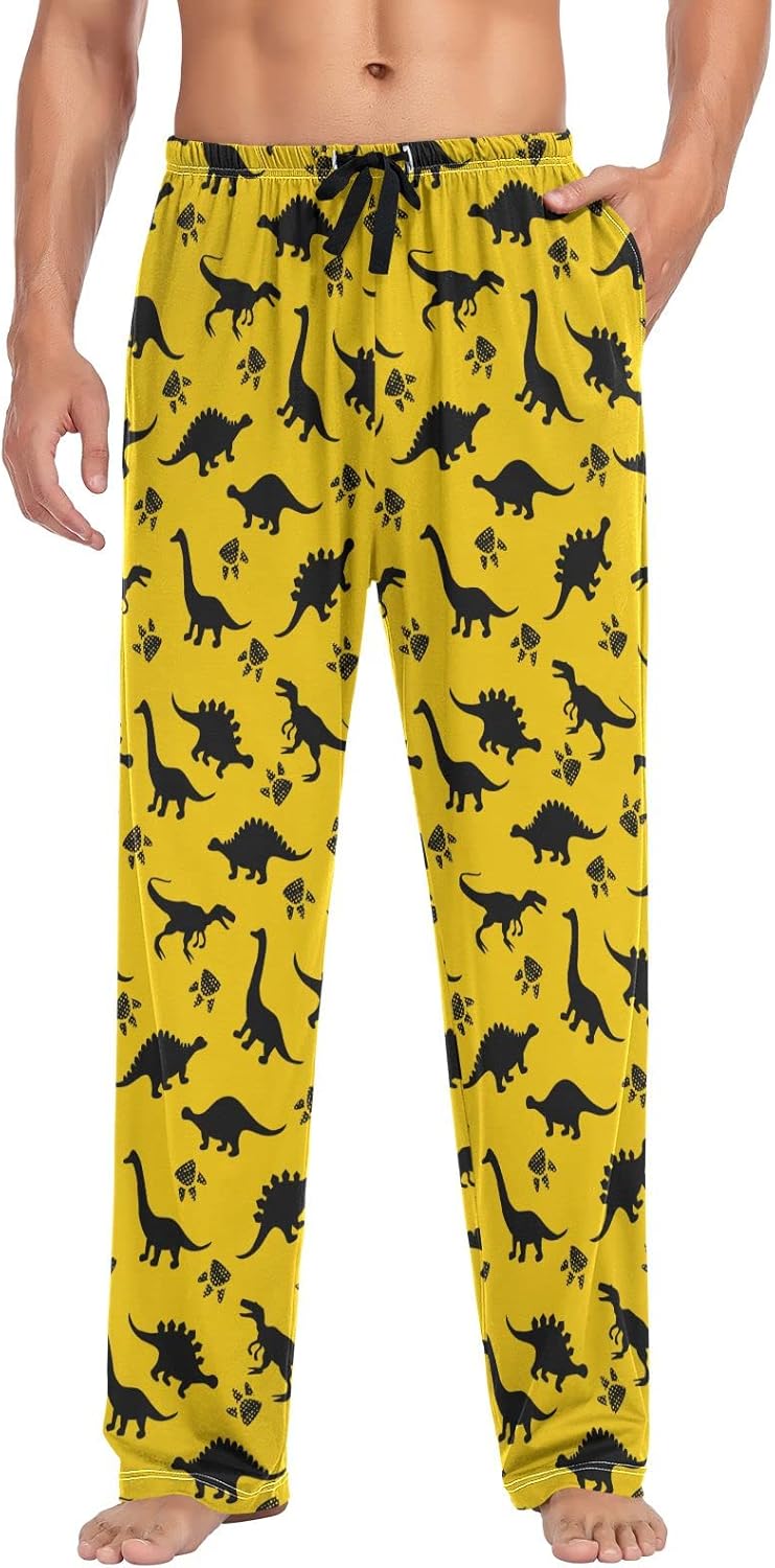 SUABO Pajama Pants for Men, Dinosaur Dino Animal Print Yellow Men's Separate Bottoms, Lounge Pants, Relaxed Sleep Pant - Image 4