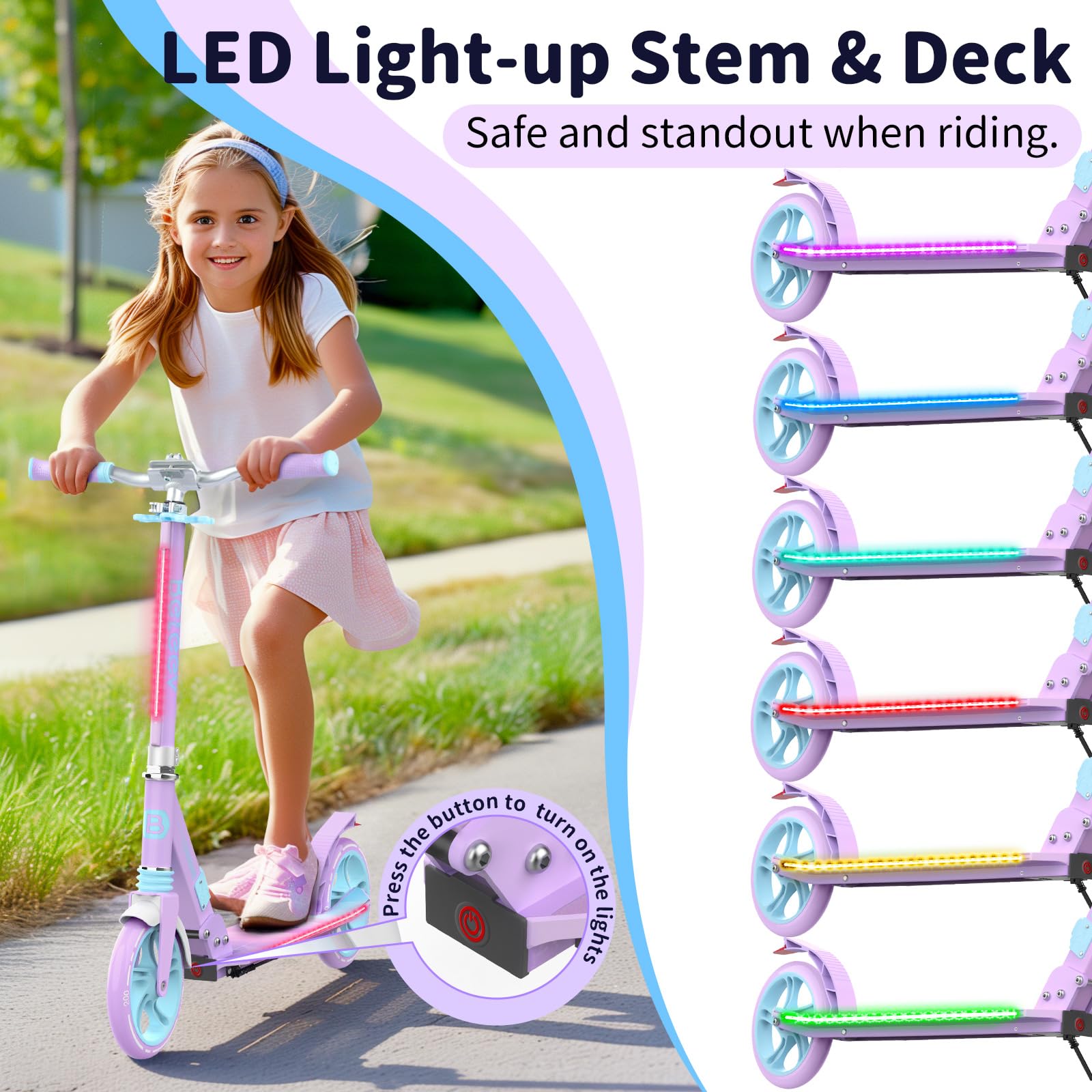 BELEEV V8 Patinete de 2 Ruedas, Plegable Patinete con LED Luces Stem, Deck, Altura Ajustable, Big Wheel 200mm Scooter Adult con Correa de Transporte, Marco Resistente para 6+ Niño Niña Adulto