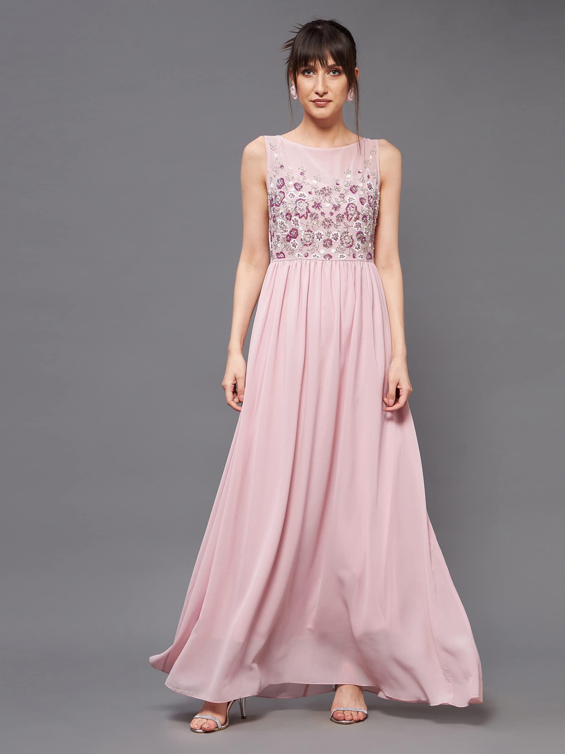 Miss Chase Women's Dusty Pink Boat Neck Sleeveless Embellished Gathered Regular Dress (Mcaw19D08-45-234-02, Dusty Pink, Xs)