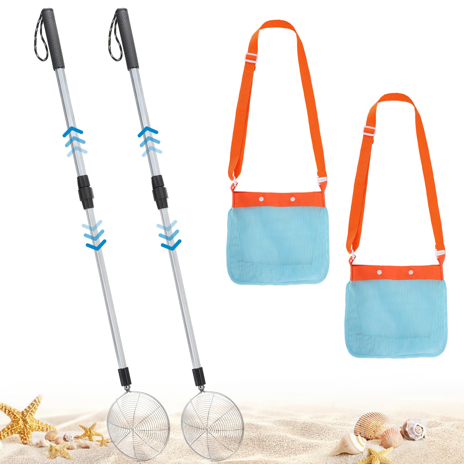 2 Pack Sand Sifter with Seashell Bags - 21.6"~33" Adjustable Shark Tooth Sifter for The Beach Seashell Collecting, Mesh Shovel Scooper with Retractable Handle, Beach Toys for Adults Family Kids
