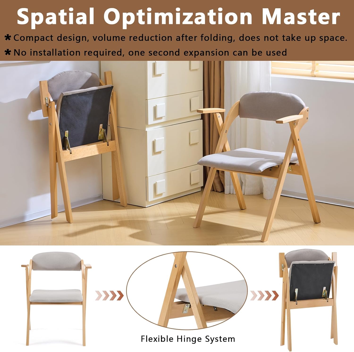 Folding Chairs Set of 2, Wooden Stackable Dining Room Chairs with Padded Seats and Armrests, for Guests,Kitchen,Office, Wedding,Party(23.6" x 21.8" x 31.4") (Light Gray)