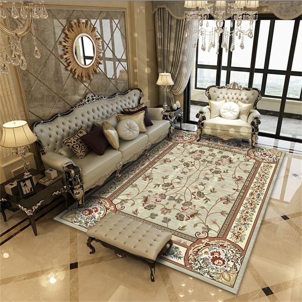 Tapis de salon durable et résistant au motif plante rouge floral