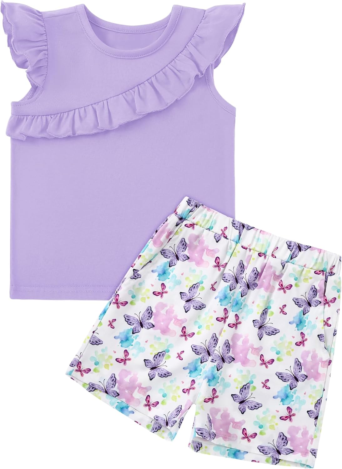 DISAUR Girls Summer Clothes 2 Piece Outfits Ruffle Sleeveless Top and Floral Shorts with Pockets Girls Clothing Sets 4-8Y