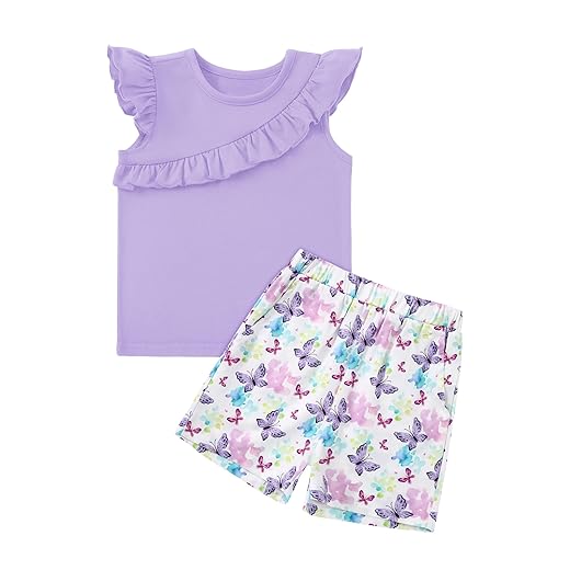 DISAUR Girls Summer Clothes 2 Piece Outfits Ruffle Sleeveless Top and Floral Shorts with Pockets Girls Clothing Sets 4-8Y