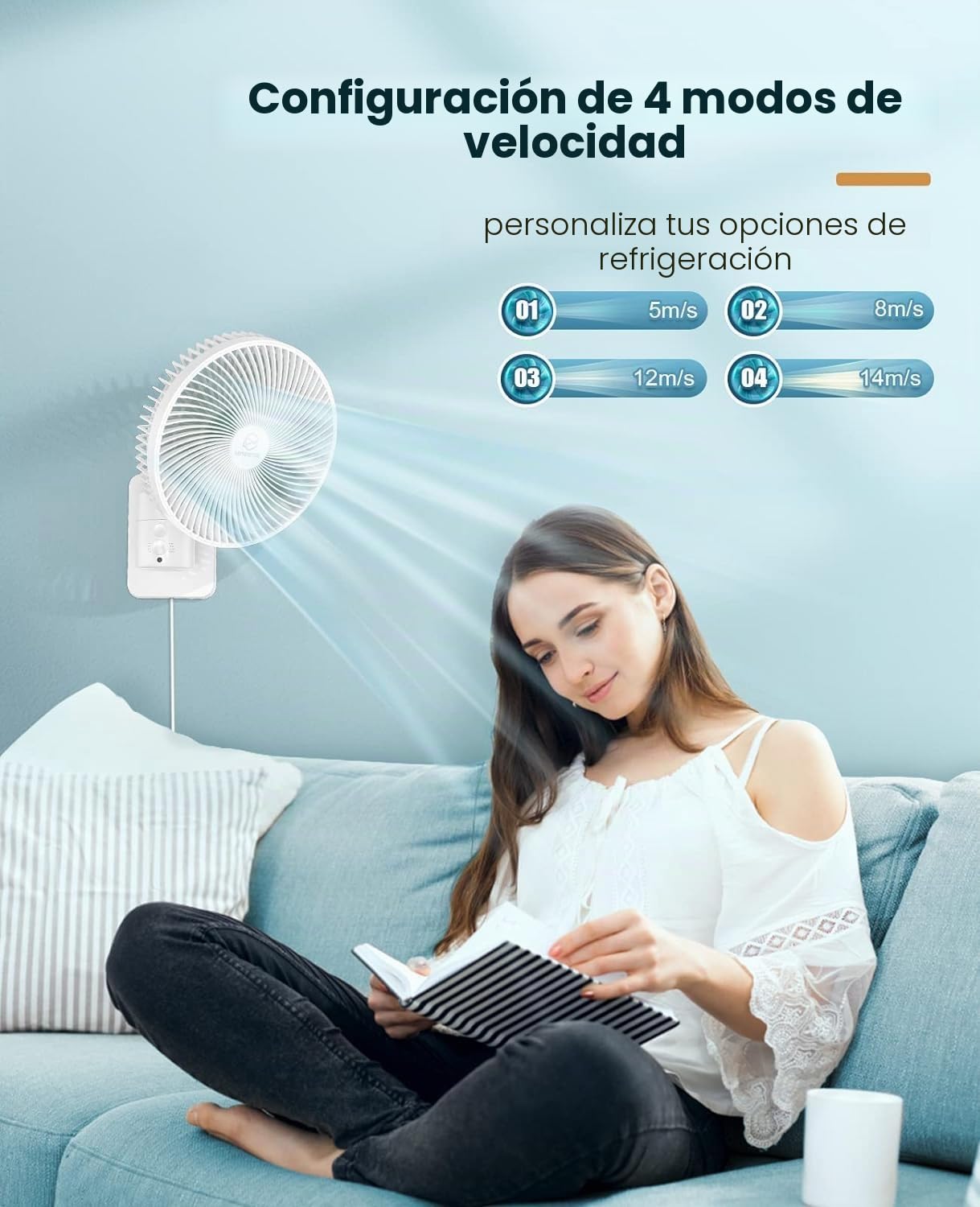 Ventilador oscilante montado en la pared de 8 pulgadas con control remoto, temporizador y ajustes de 4 velocidades, inclinación ajustable, cable de 70 pulgadas ultra silencioso, potente, 7 cuchillas,