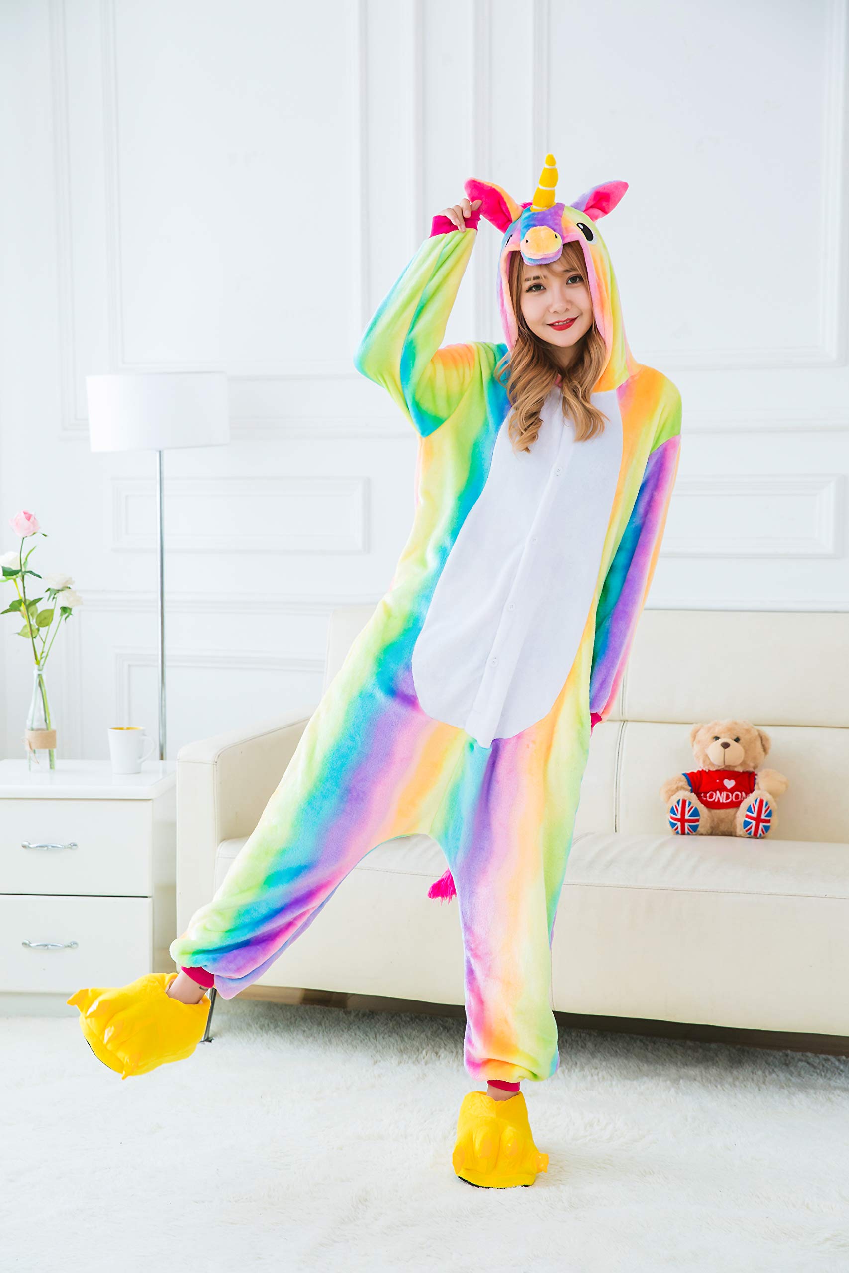Ensemble de Pyjama Licorne Grenouillère Animaux Siamois Romper Pajamas Kigurumi Onesie Cosplay Animal Combinaison Costume Vêtement de Nuit en Flanelles Soirée Carvanal Halloween Noël Déguisement