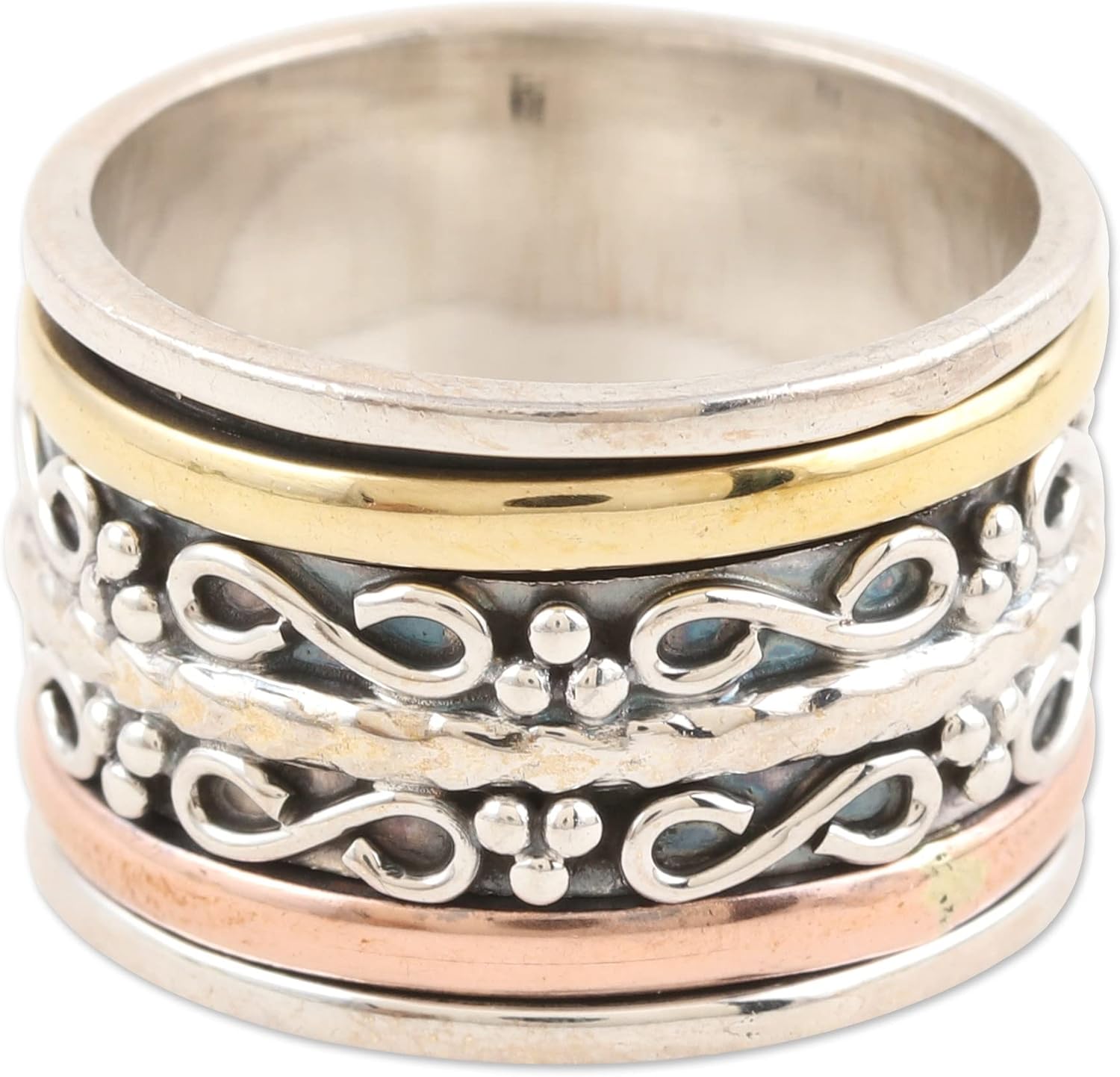 NOVICA Artisan Handmade Multimetal Meditation Spinner Ring .925 Sterling Silver Brass Copper India Thought 'Total Serenity'