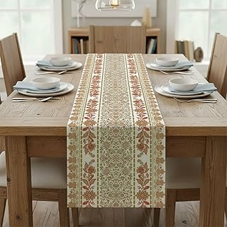 Linen Long Table Runner 13x70 Inch, Botanical Flower Print Indoor Burlap Indian Table Runner, Mexican Beach Middle Eastern Decor for Cute Happy Birthday Kitchen Holiday Decor