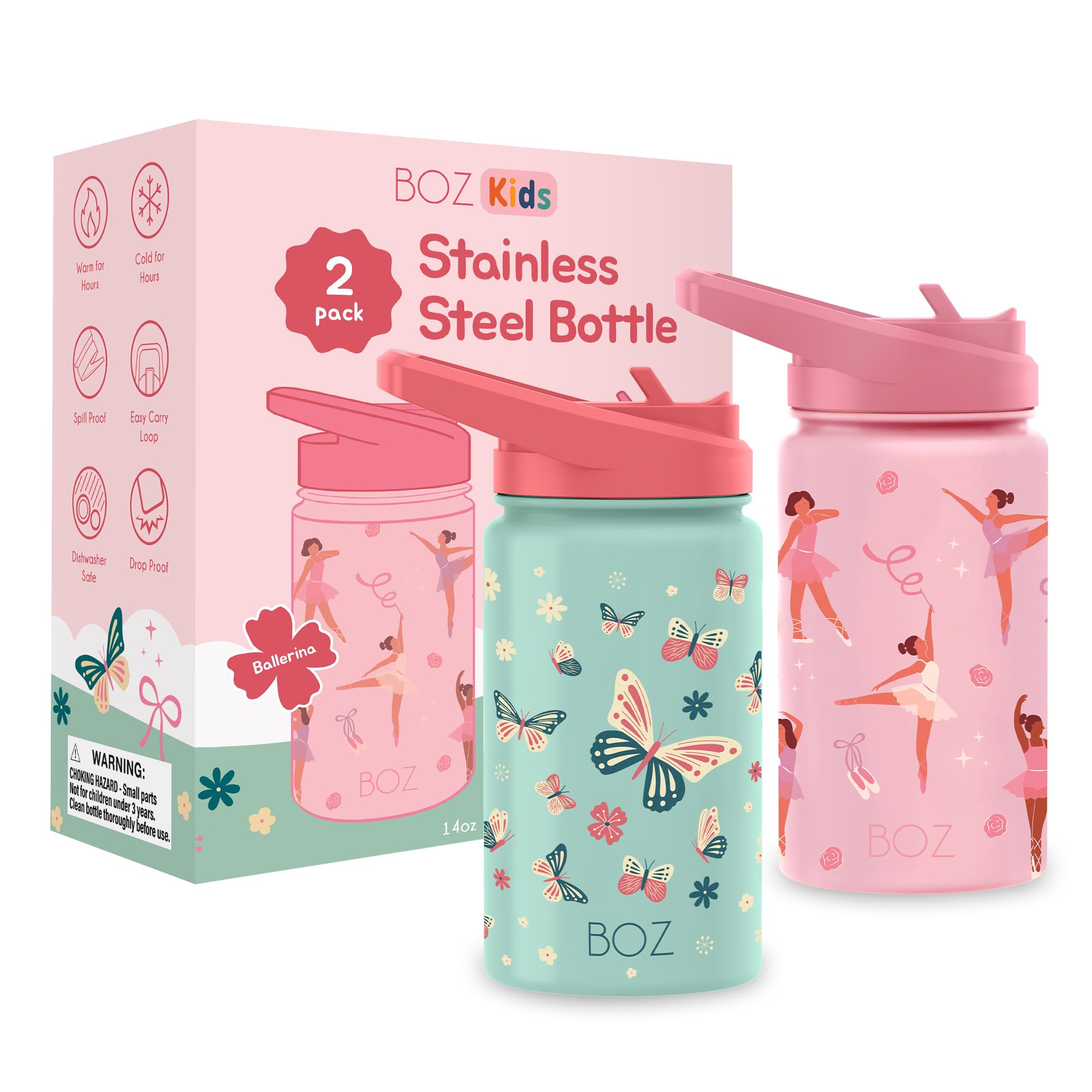 BOZ Kids Insulated Water Bottle 2-Pack, 14oz (414ml) (Butterfly/Ballerina)