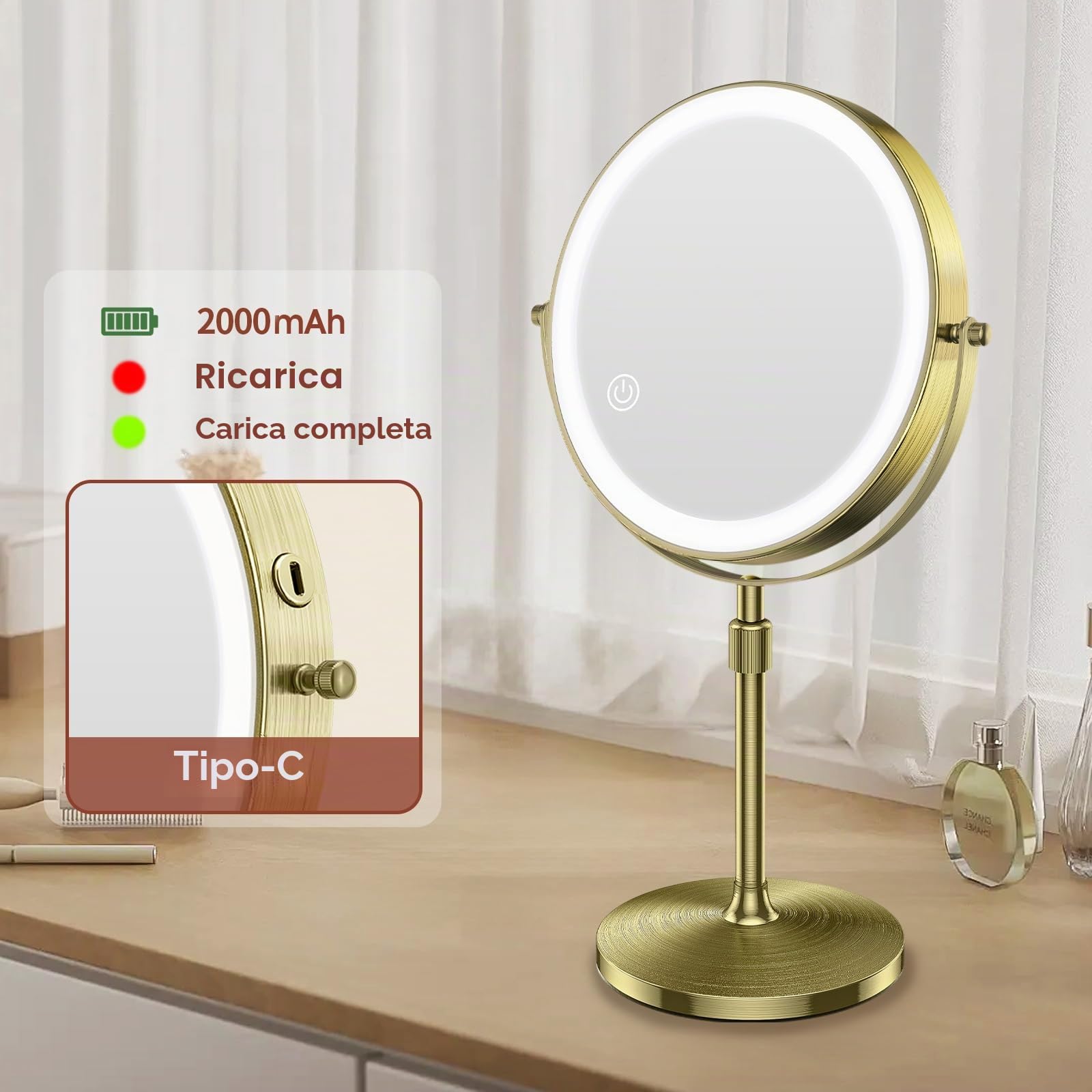 MATEPROX 8 Pollici Specchio da Trucco con Luci, Specchio Ingrandente 1X 10X, Girevole, Asta Regolabile con 3 Colori di Illuminazione, Sensore Touch, Supporta la Ricarica USB-Oro