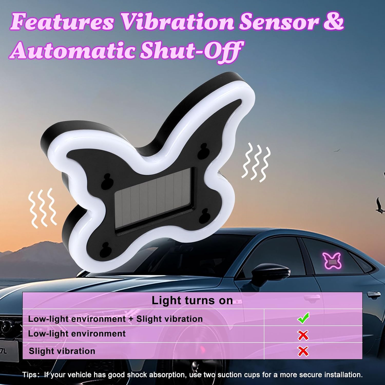 Car Light LED Ambient Solar Lights Butterfly Lamp -Powered Heart-Shaped Neon Lights for Car Window Pink Decor 6 Modes Interior Outdoor Decor (1, Pink)