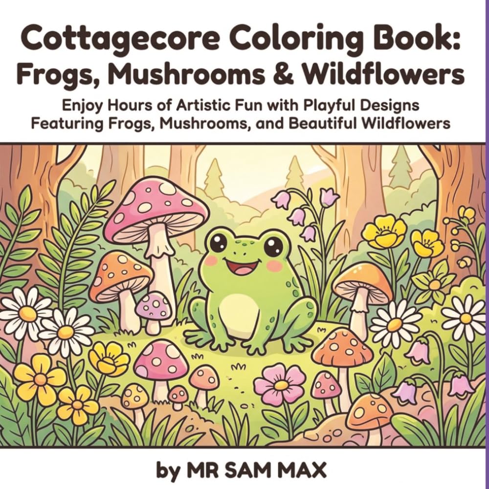 Cottagecore Coloring Book: Frogs, Mushrooms & Wildflowers: 40 Bold & Easy Designs for Adults and Teens — Cute Frogs on Toadstools, Magical Mushroom ... Gardens for Stress Relief and Relaxation