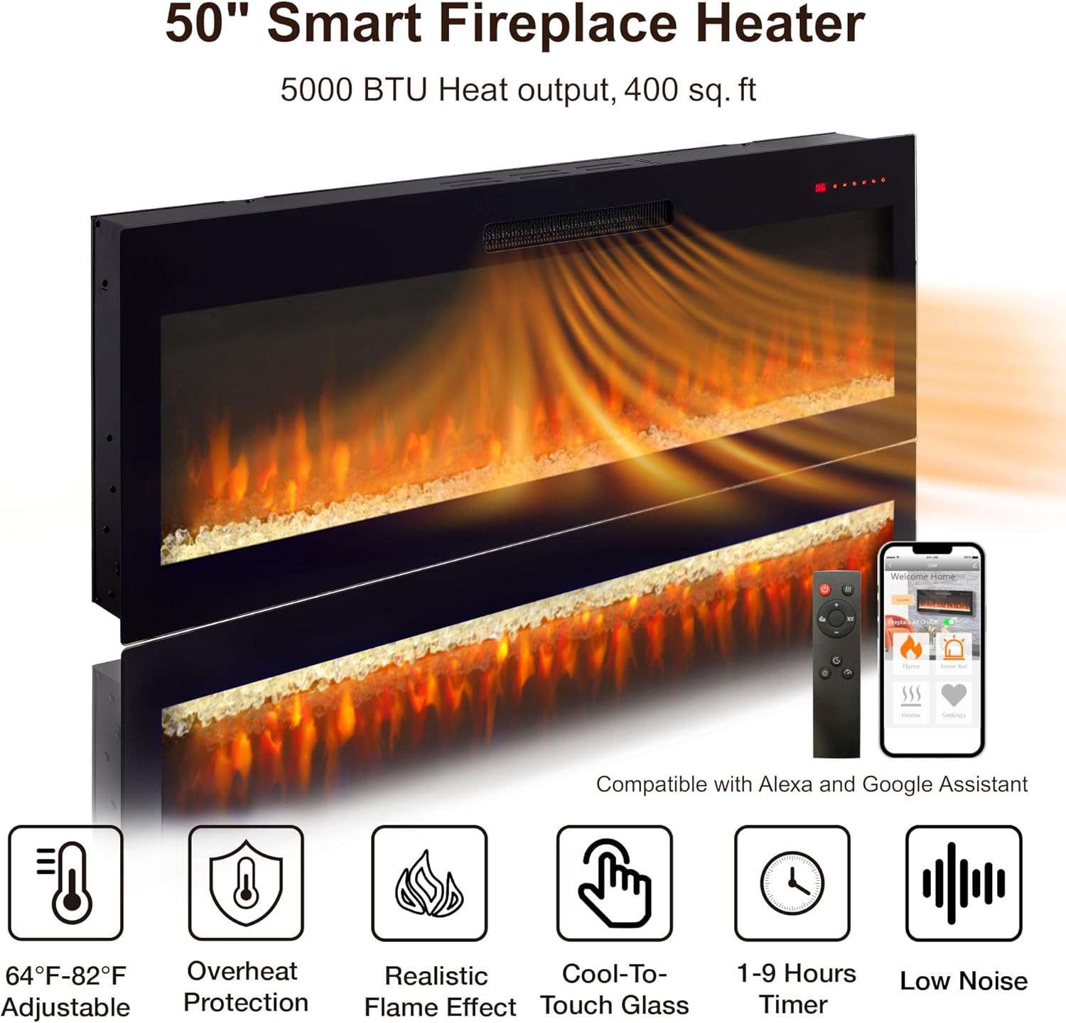 Fireplace TV Stand for 70" TVs, Entertainment Center w/50 Inch Fireplace, APP/Voice Control, Simulated Marble Surrounded, Open Shelves Storage, TV Consoles for Living Room, White