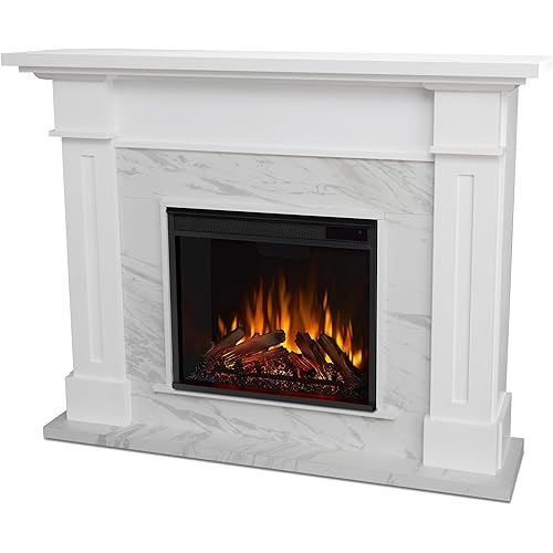 Real Flame Kipling 54" Electric Fireplace with Mantel for Living Room or Bedroom, Replaceable Fireplace Insert Heater, Realistic Log and Flame Effect, Remote Control, Timer, White with Faux Marble