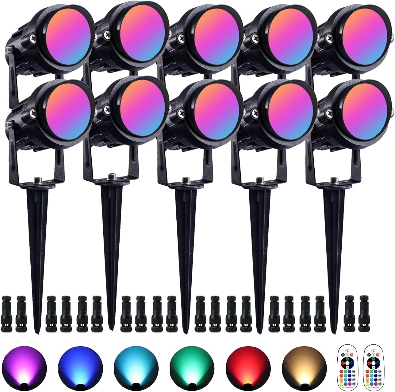 RGB Outdoor Spotlight 10W LED Color Changing Landscape Lights with Remote Control 12V~24V Landscape Lighting Waterproof Spot Lights Outdoor for Yard Garden Patio Lawn Halloween Decorative, 10Pack