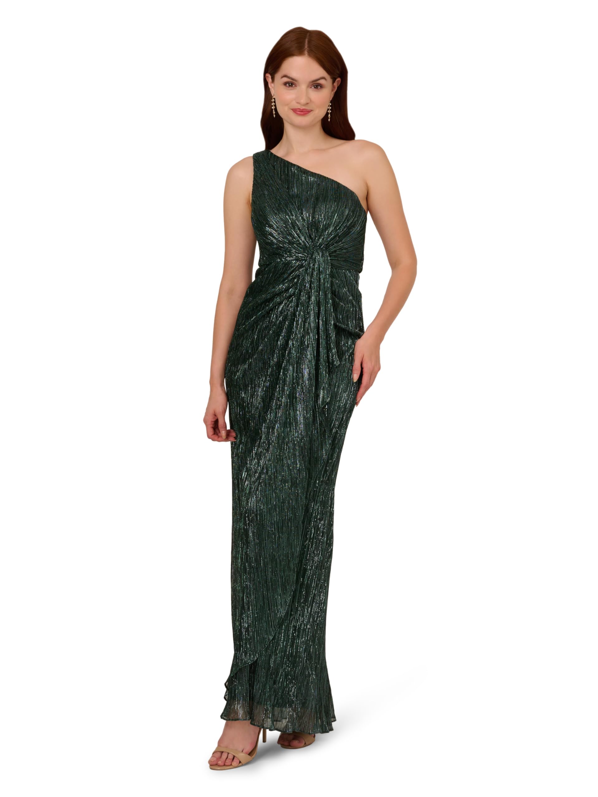 Photo 1 of Adrianna Papell Women's Stardust Pleated Draped Gown | Long Evening Gown with Mermaid Skirt & Luxurious Metallic Mesh, Green Pine 12