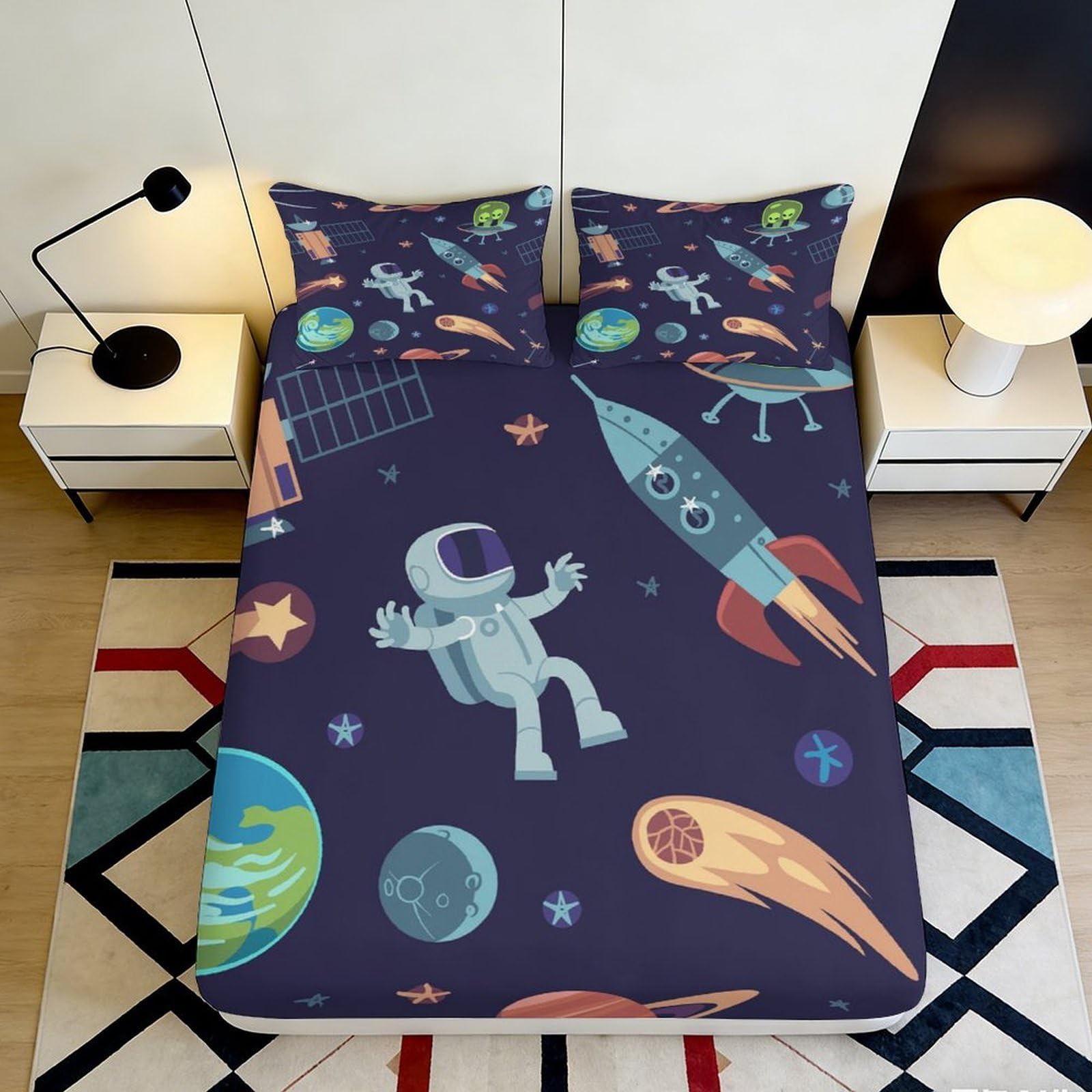 Pnayamiorkfel Style-5 3D Printed Space Astronaut Fitted Sheet Microfiber Soft Breathable Rocket Planet Bed Cover For Bedroom Dorm Decor 90X200x25cm