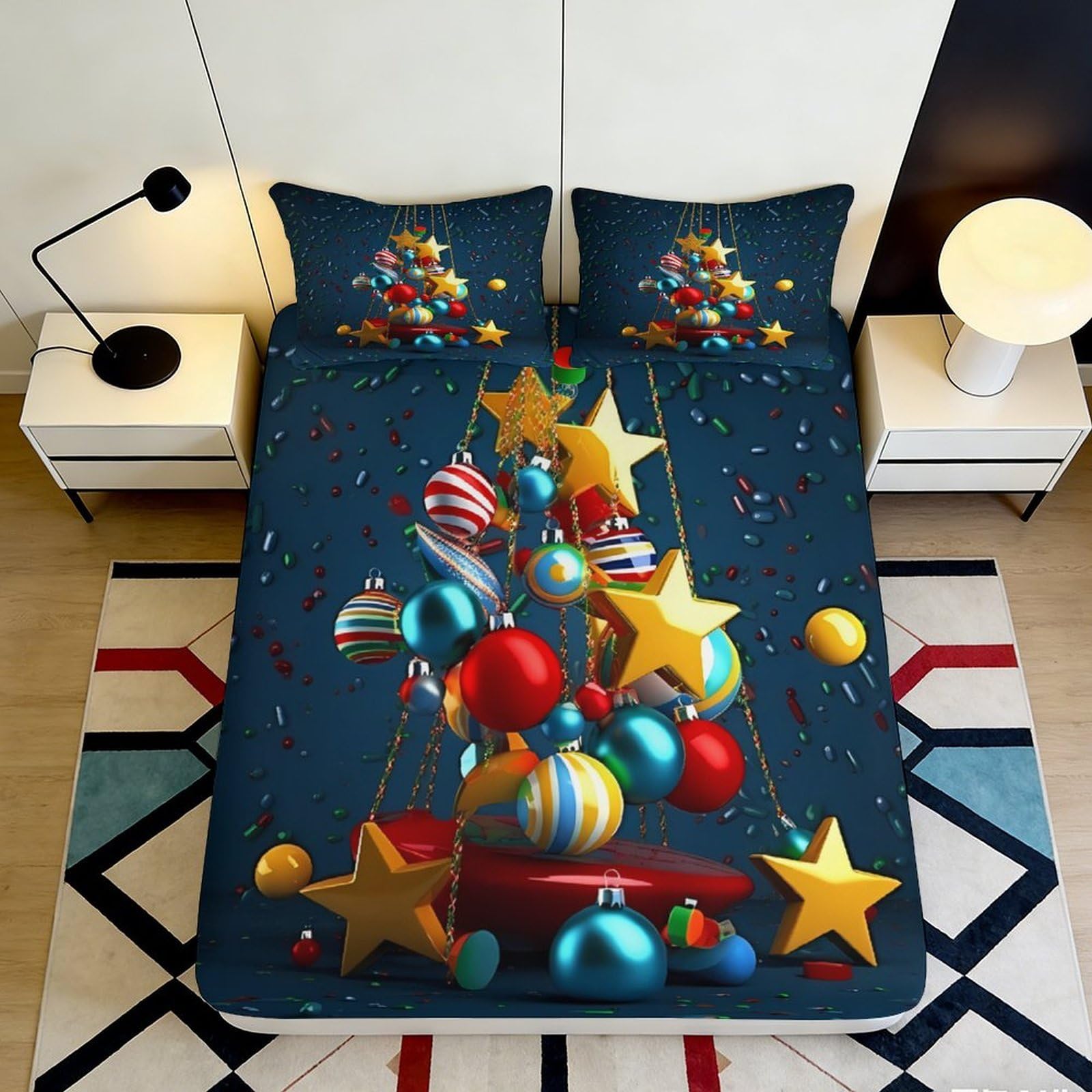 3D Printed Christmas Ornament Fitted Sheet Microfiber Soft Durable Confetti Bed Cover for Bedroom Dormitory Guest Room Mattress Protection 90x200x25cm