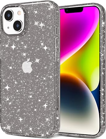 JJGoo Compatible with iPhone 14 Plus Case Glitter, Clear Transparent Soft TPU Sparkle Anti-Scratch Shockproof Protective Phone Bumper, Women Girls Slim Bling Sparkly Phone Case, Translucent Black
