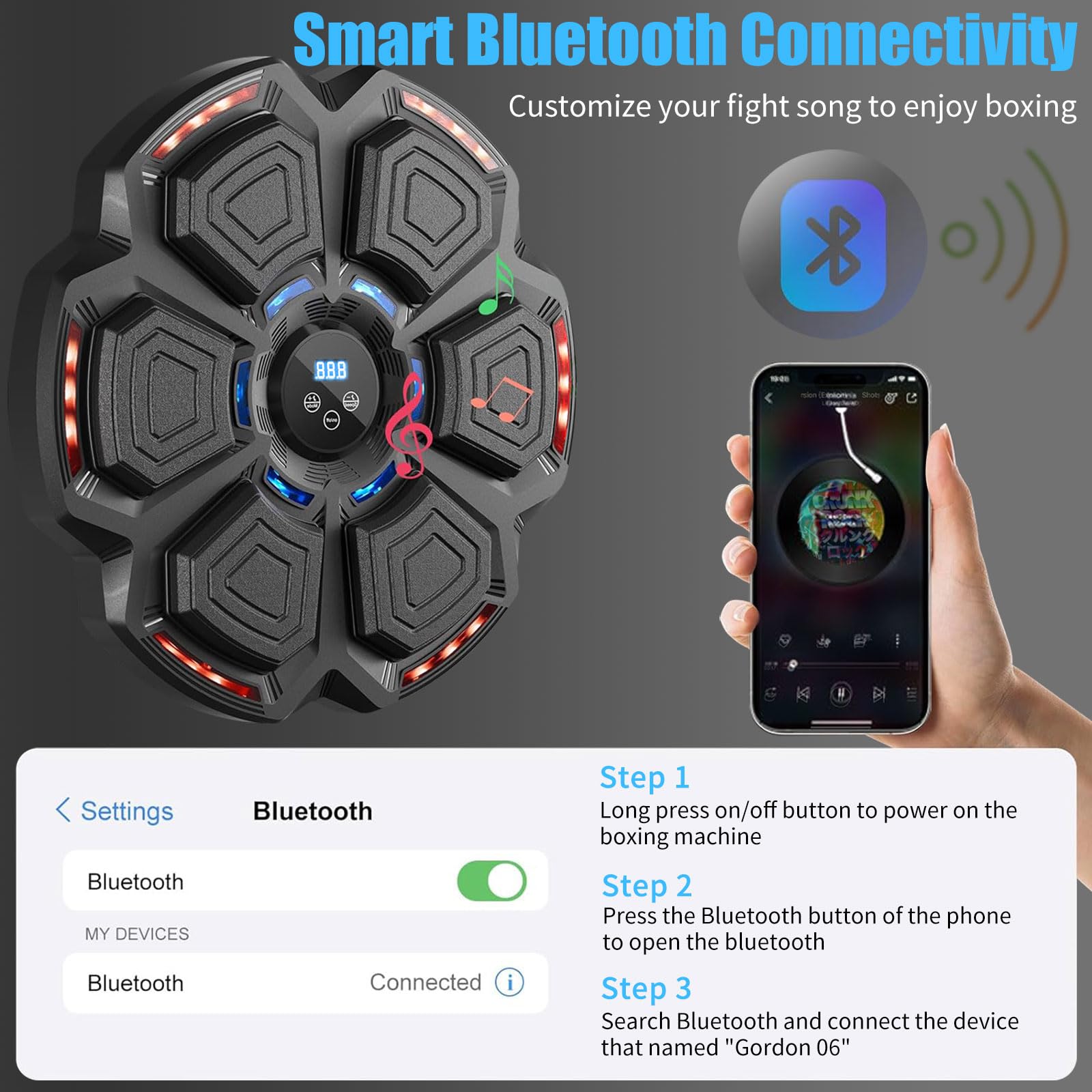 Music Boxing Machine, LED Musik Boxmaschine Unterstützt Bluetooth mit Boxhandschuhen, 9 Geschwindigkeitsmodi, 9 Trainingsmodi, Zählmodus, für Erwachsene und Kinder