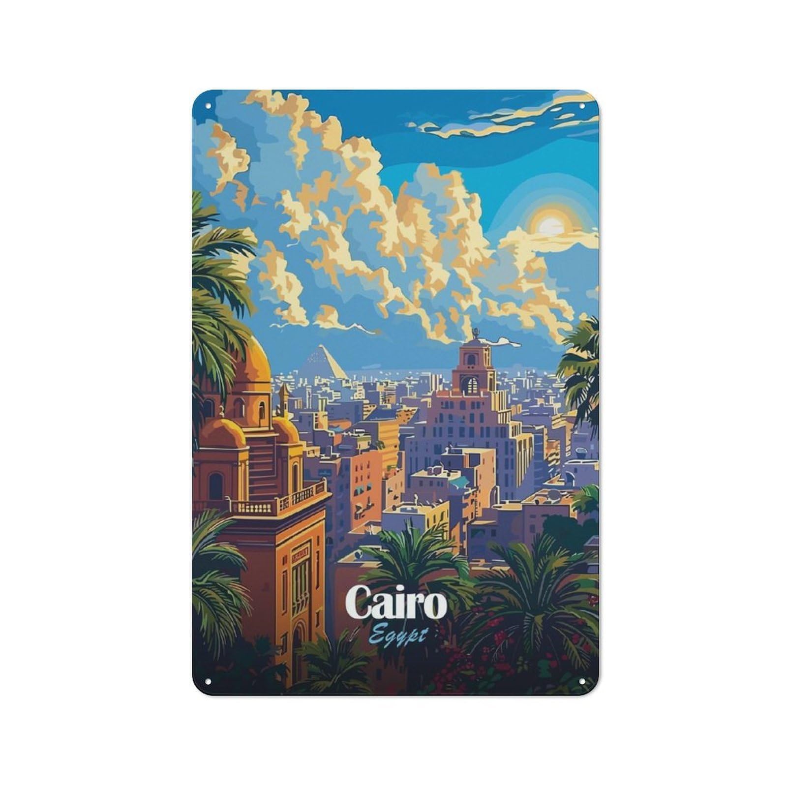 Junmoney Style-13 Cairo, Egypt Cityscape Illustration Creative Metal Wall Decor 30X20cm, Decorative Metal Sign For Office, Study, Studio Or Hallway