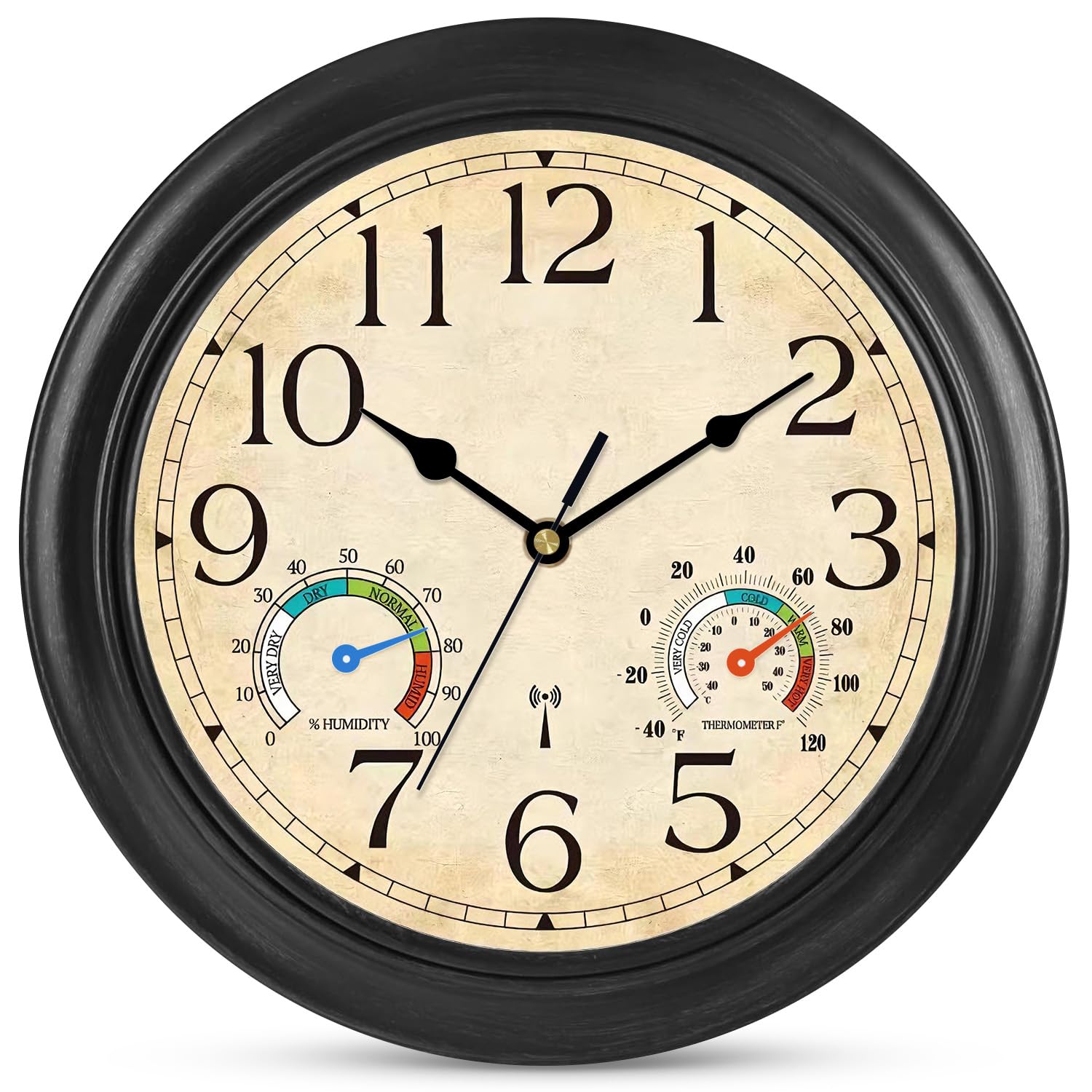 Ziprote Wanduhr Funk, Funkuhr Wand Lautlos Retro Wohnzimmeruhr 30cm Küchenuhren Geräuschlos Funkwanduhr mit Temperatur und Feuchtigkeitsanzeige (Schwarz)