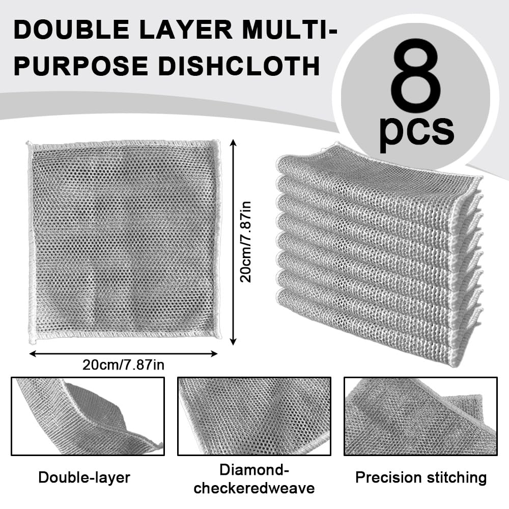 Trapos para lavar platos de doble capa, 8 unidades, paños de limpieza de alambre multiusos antiarañazos para uso húmedo y seco