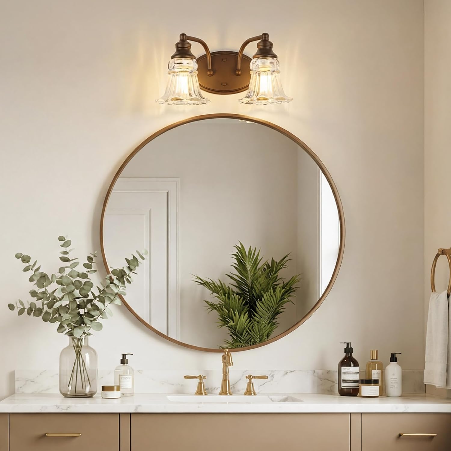 2-Light Bathroom Light Fixtures Over Mirror, Vintage Vanity Lights with Clear Floral Glass Shades, Oil Rubbed Bronze